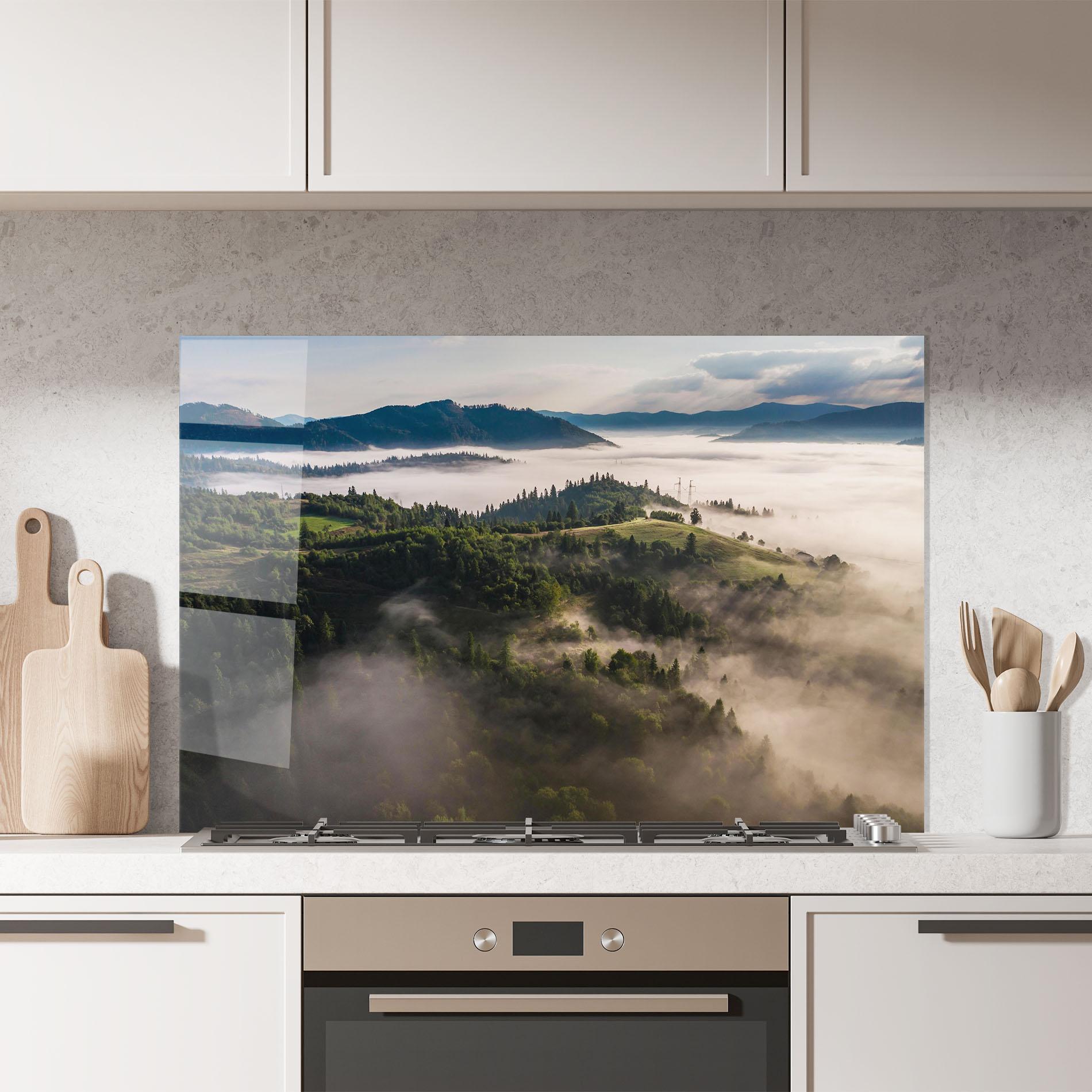 Konyhai üveg hátfal Foggy Forest View mockup 7