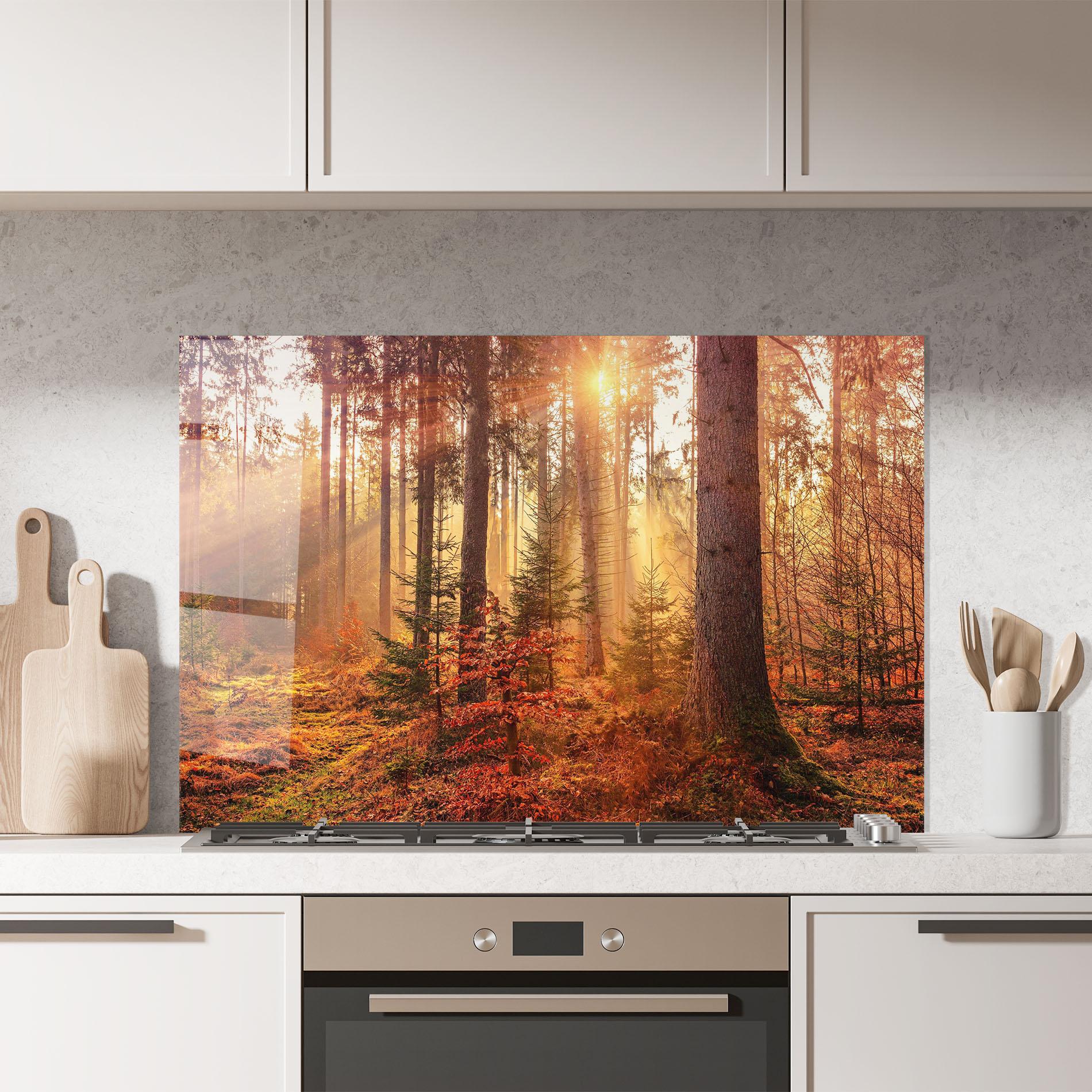 Konyhai üveg hátfal Orange Light Forest mockup 7