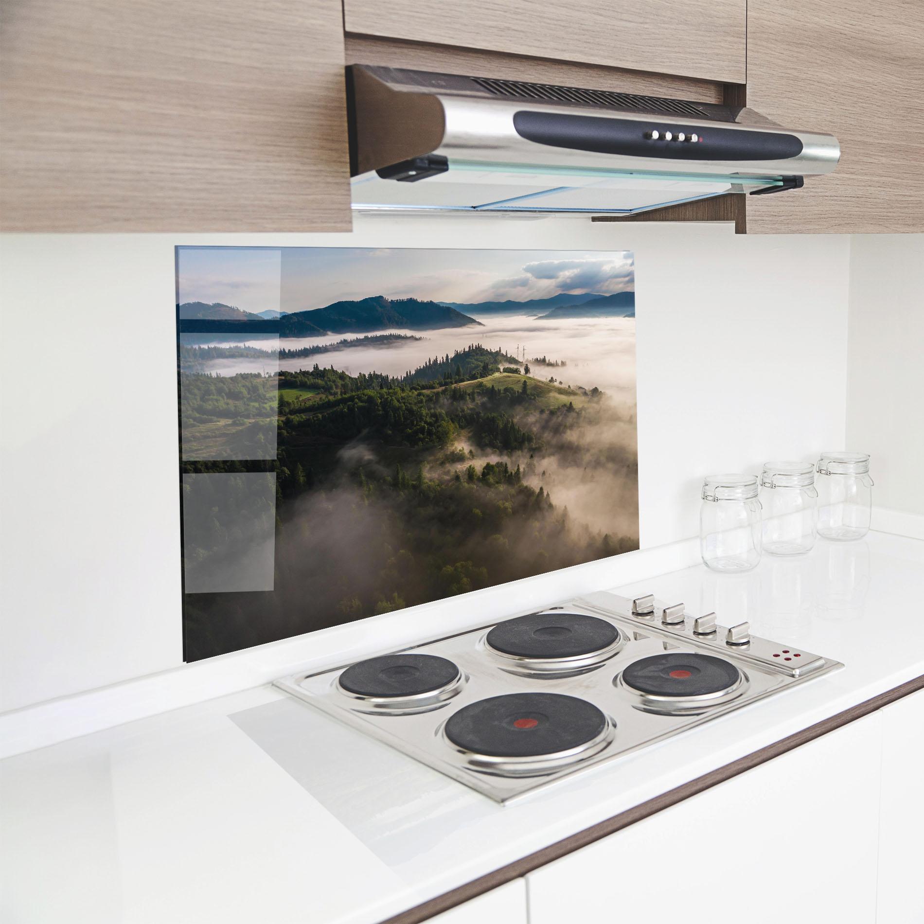 Konyhai üveg hátfal Foggy Forest View mockup 8