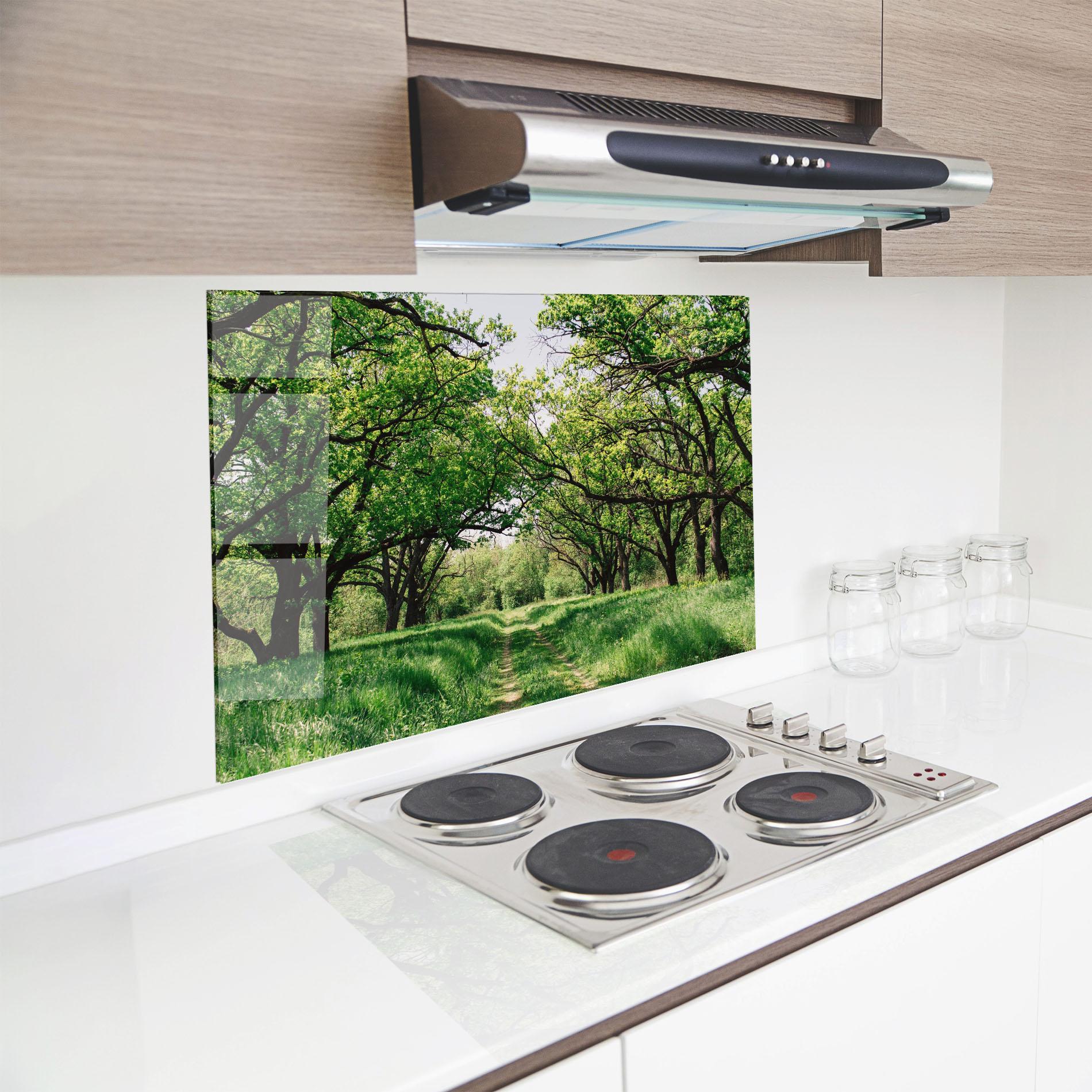 Konyhai üveg hátfal Forest Green Path mockup 8