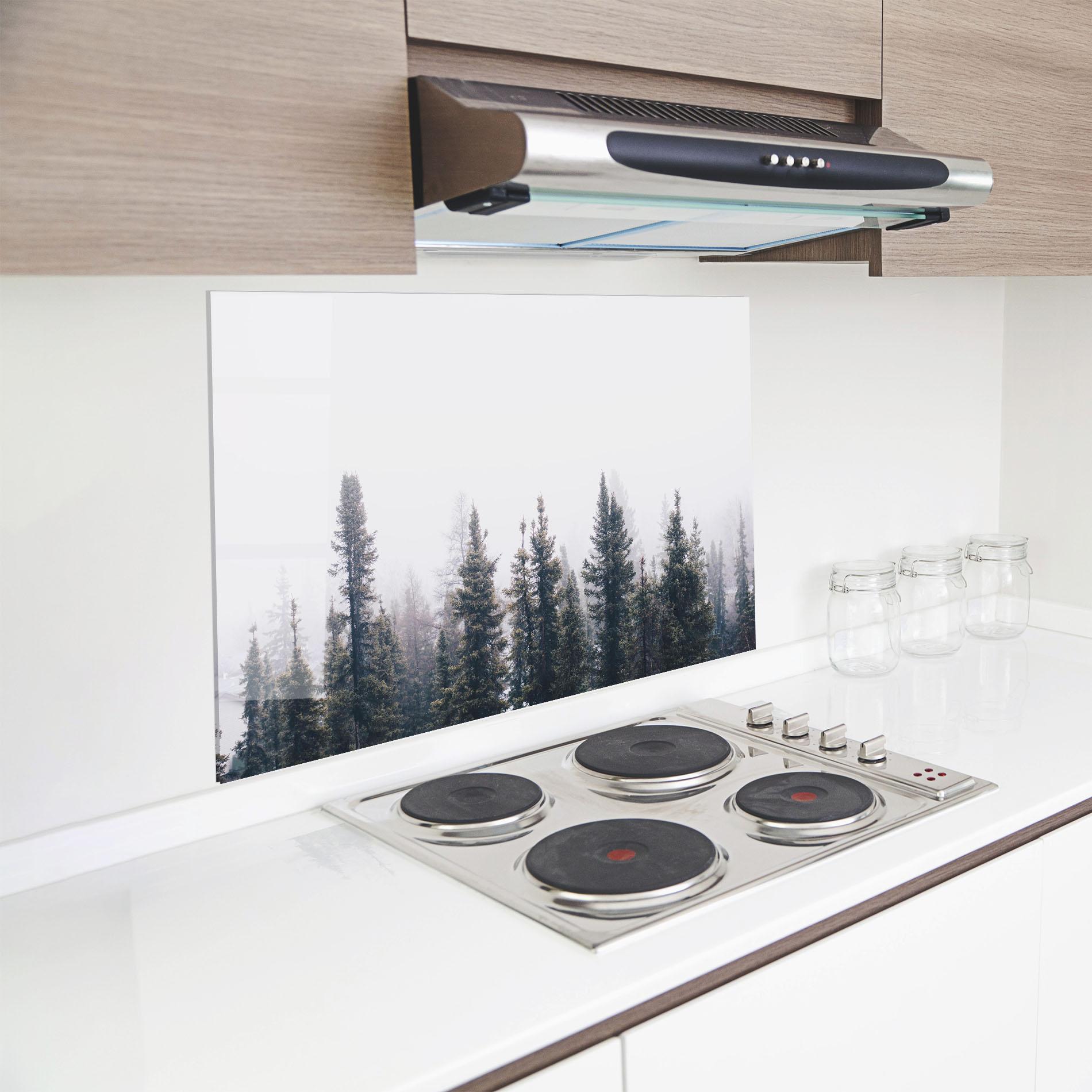 Konyhai üveg hátfal Grey Foggy Trees mockup 8