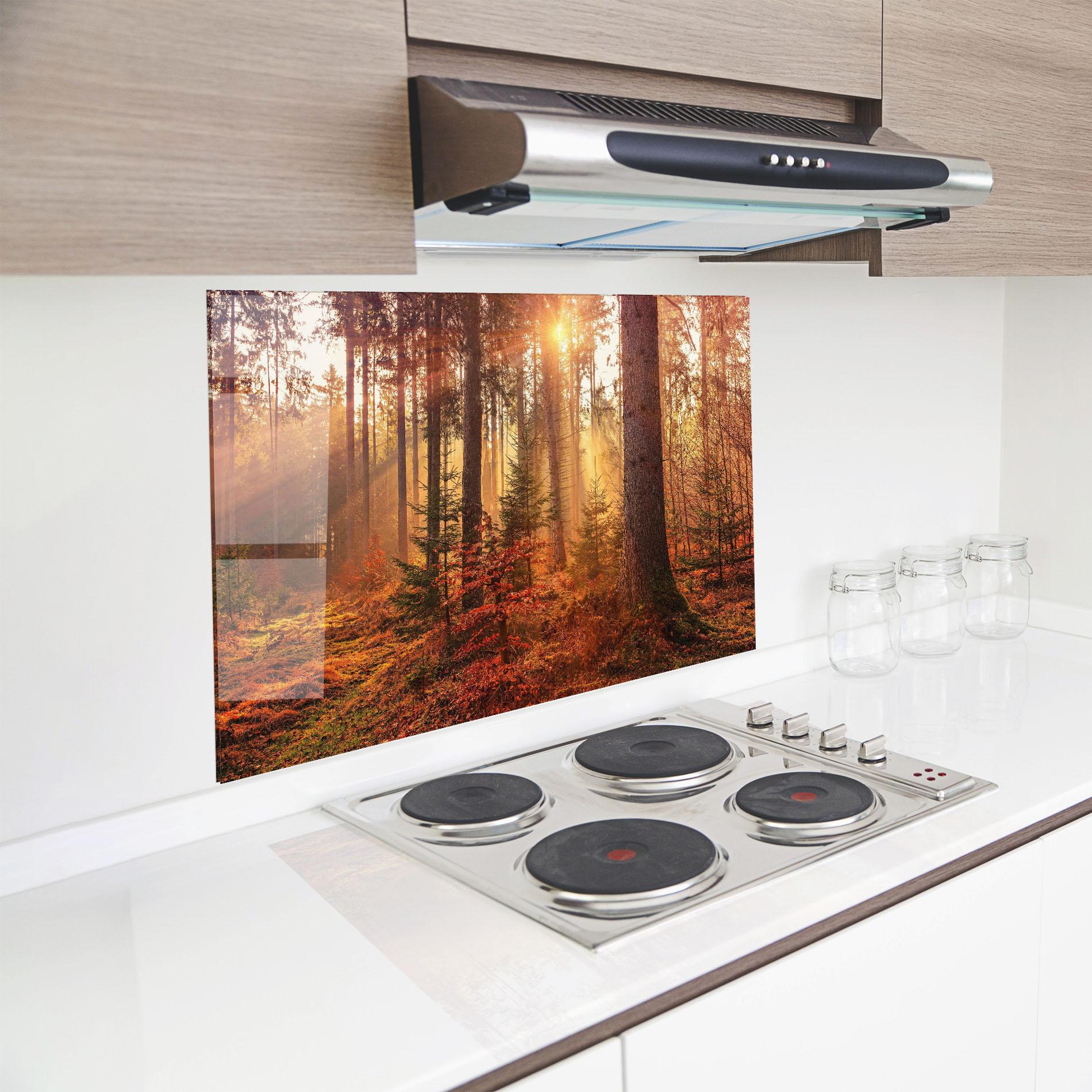 Konyhai üveg hátfal Orange Light Forest mockup 8
