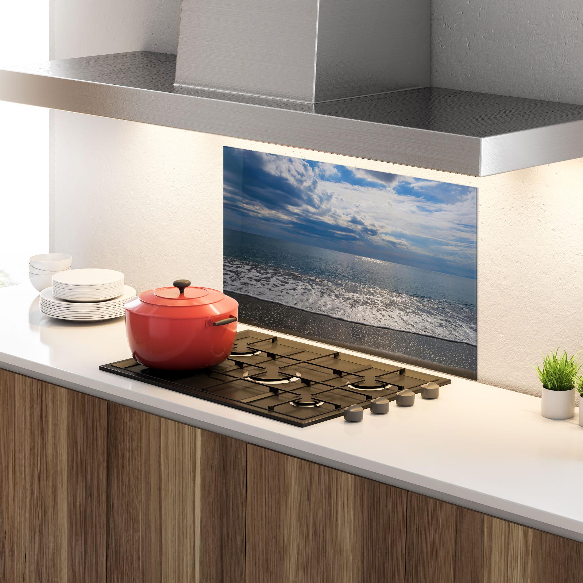 Konyhai üveg hátfal Blue Cream Beach mockup 4