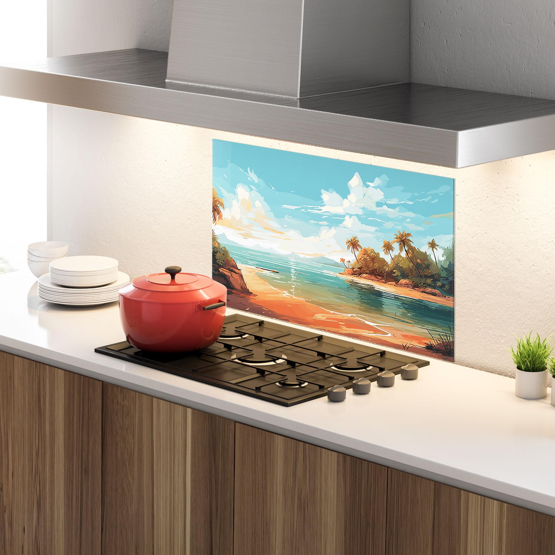 Konyhai üveg hátfal Blue Sky Beach mockup 4
