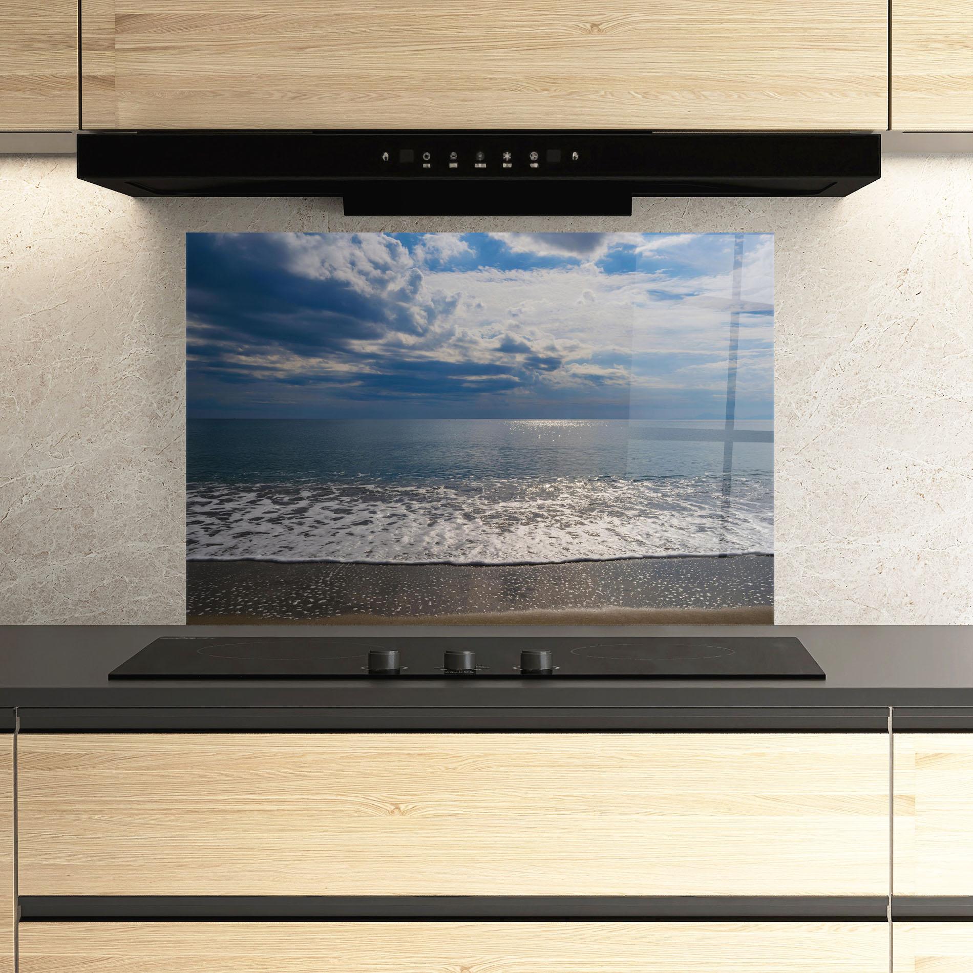 Konyhai üveg hátfal Blue Cream Beach mockup 3