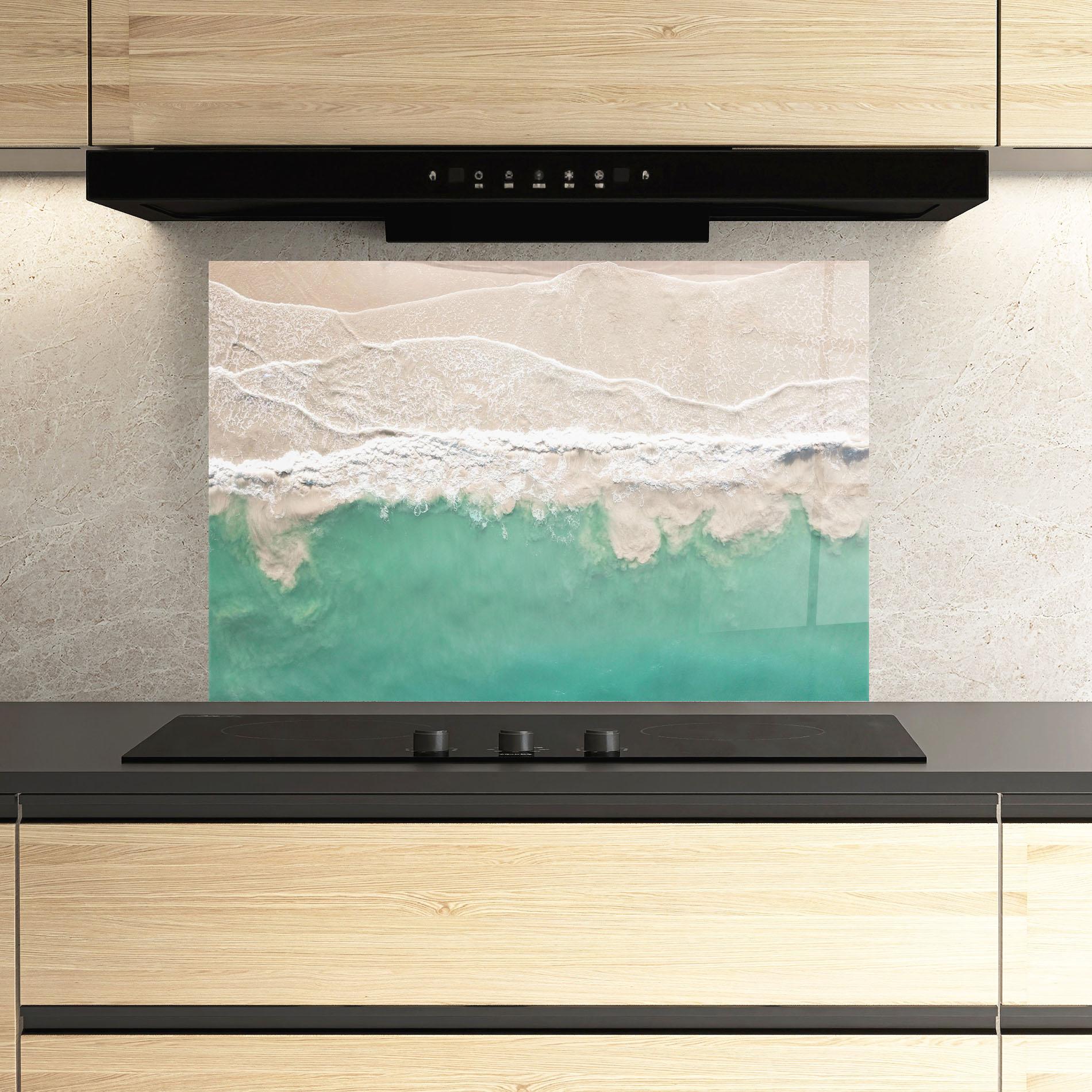 Konyhai üveg hátfal Pretty Blue Beach mockup 3