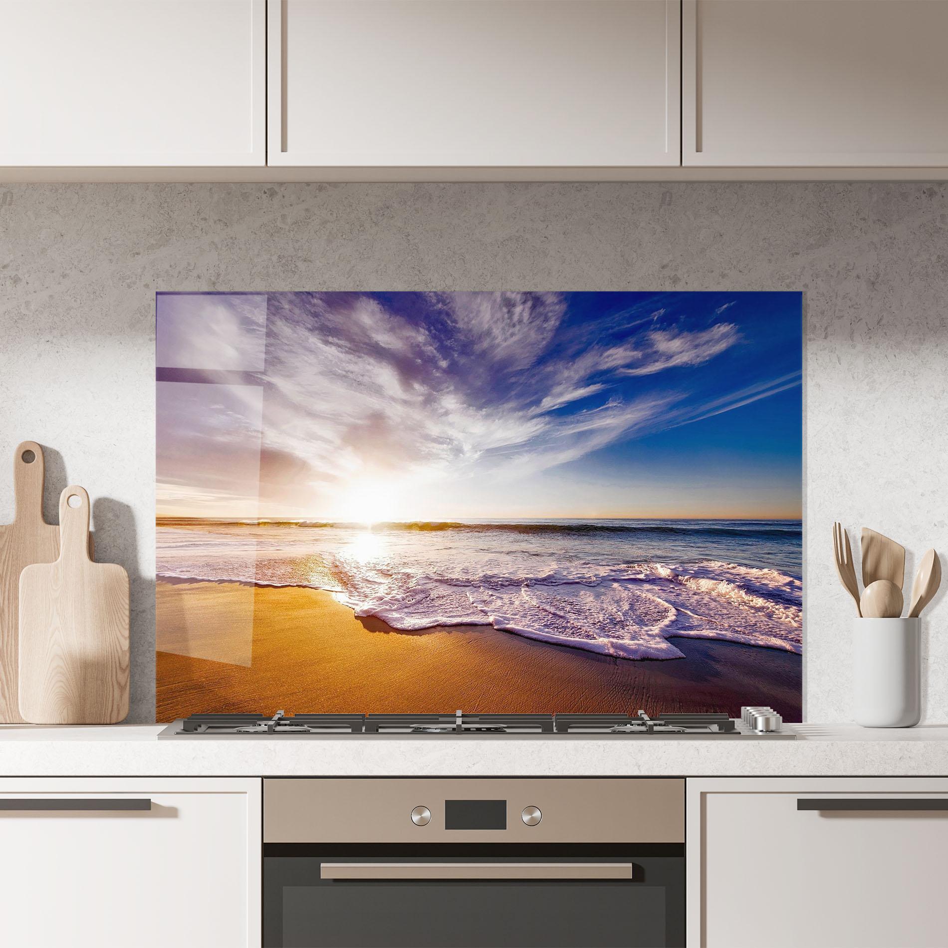 Konyhai üveg hátfal Beach Sunrise mockup 7