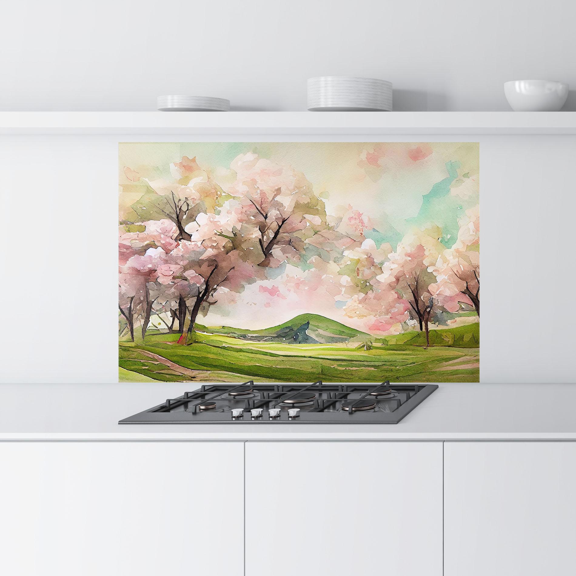 Konyhai üveg hátfal Spring Pink Trees mockup 9