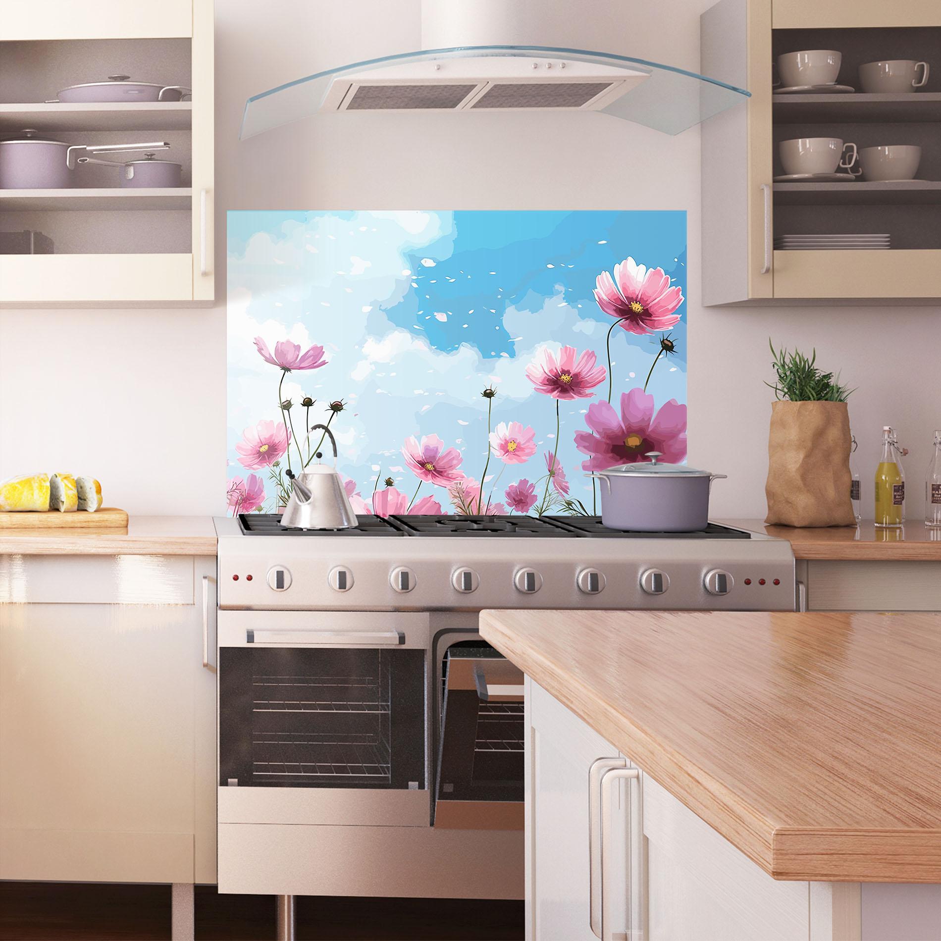 Konyhai üveg hátfal Pink Flowers Spring mockup 1