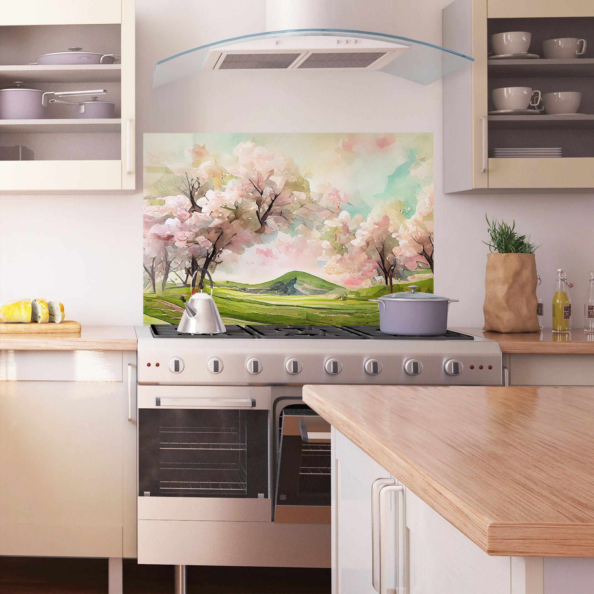 Konyhai üveg hátfal Spring Pink Trees mockup 1