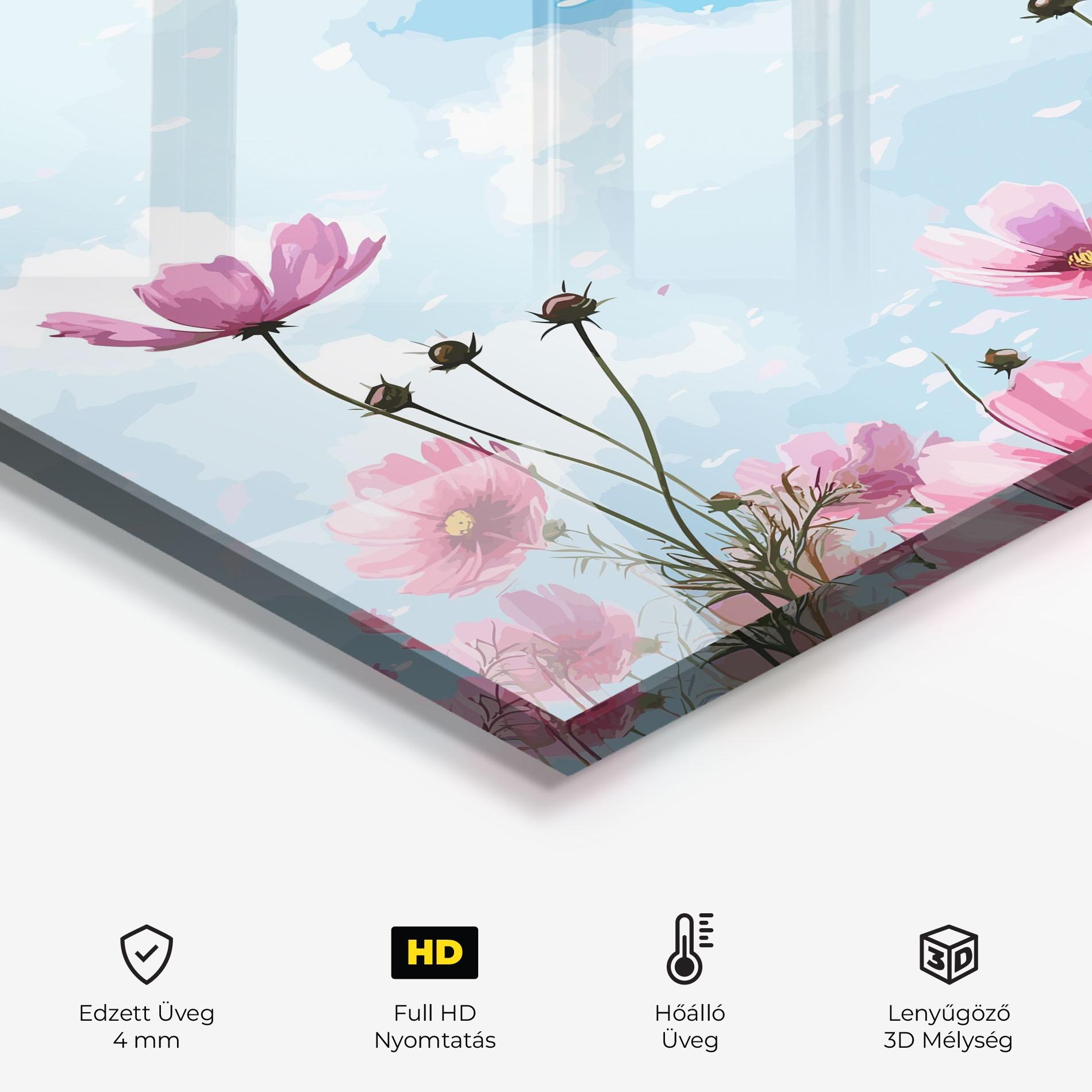 Konyhai üveg hátfal Pink Flowers Spring mockup 2