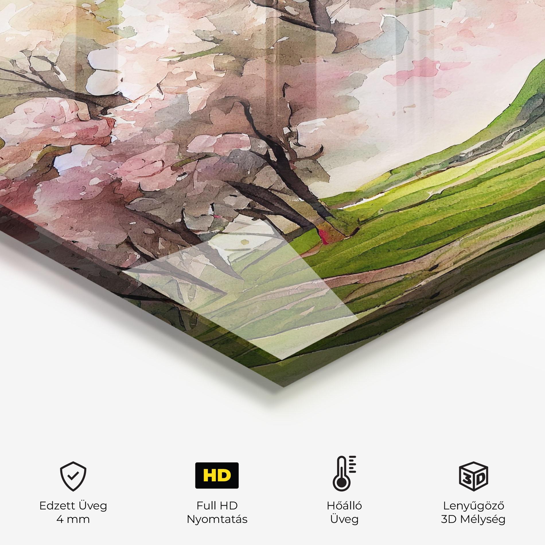 Konyhai üveg hátfal Spring Pink Trees mockup 2