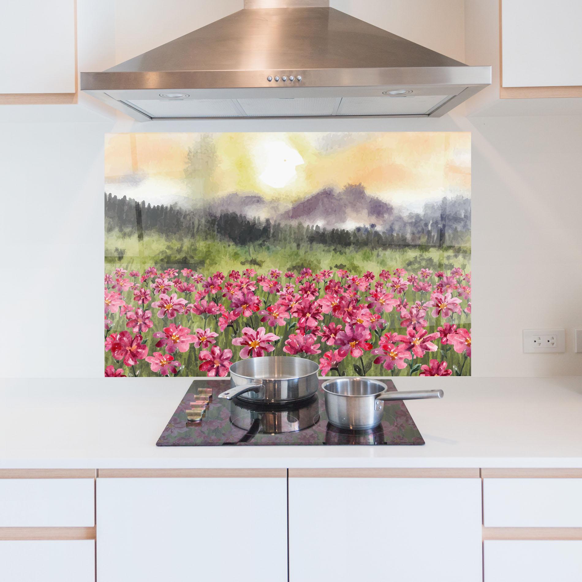 Konyhai üveg hátfal Pink Flower Spring mockup 5