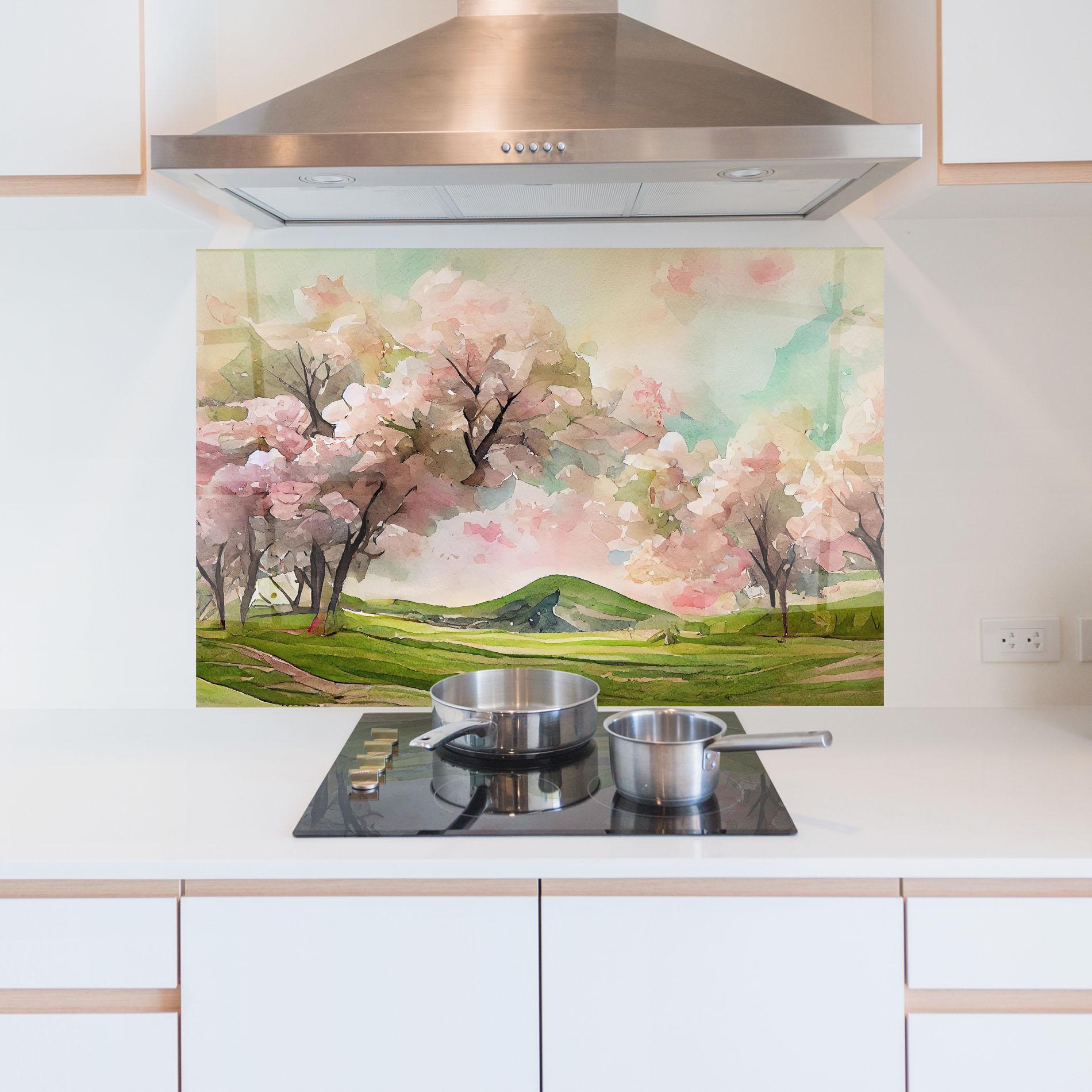 Konyhai üveg hátfal Spring Pink Trees mockup 5