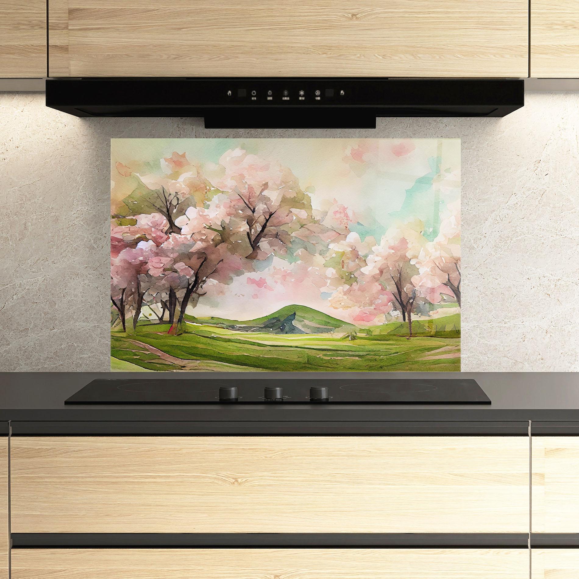 Konyhai üveg hátfal Spring Pink Trees mockup 3
