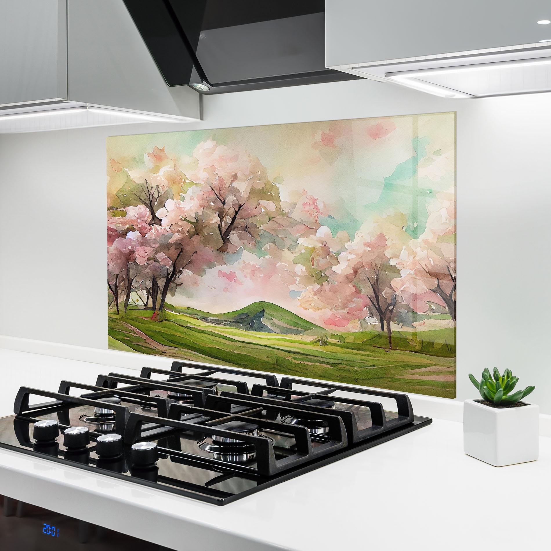 Konyhai üveg hátfal Spring Pink Trees mockup 6