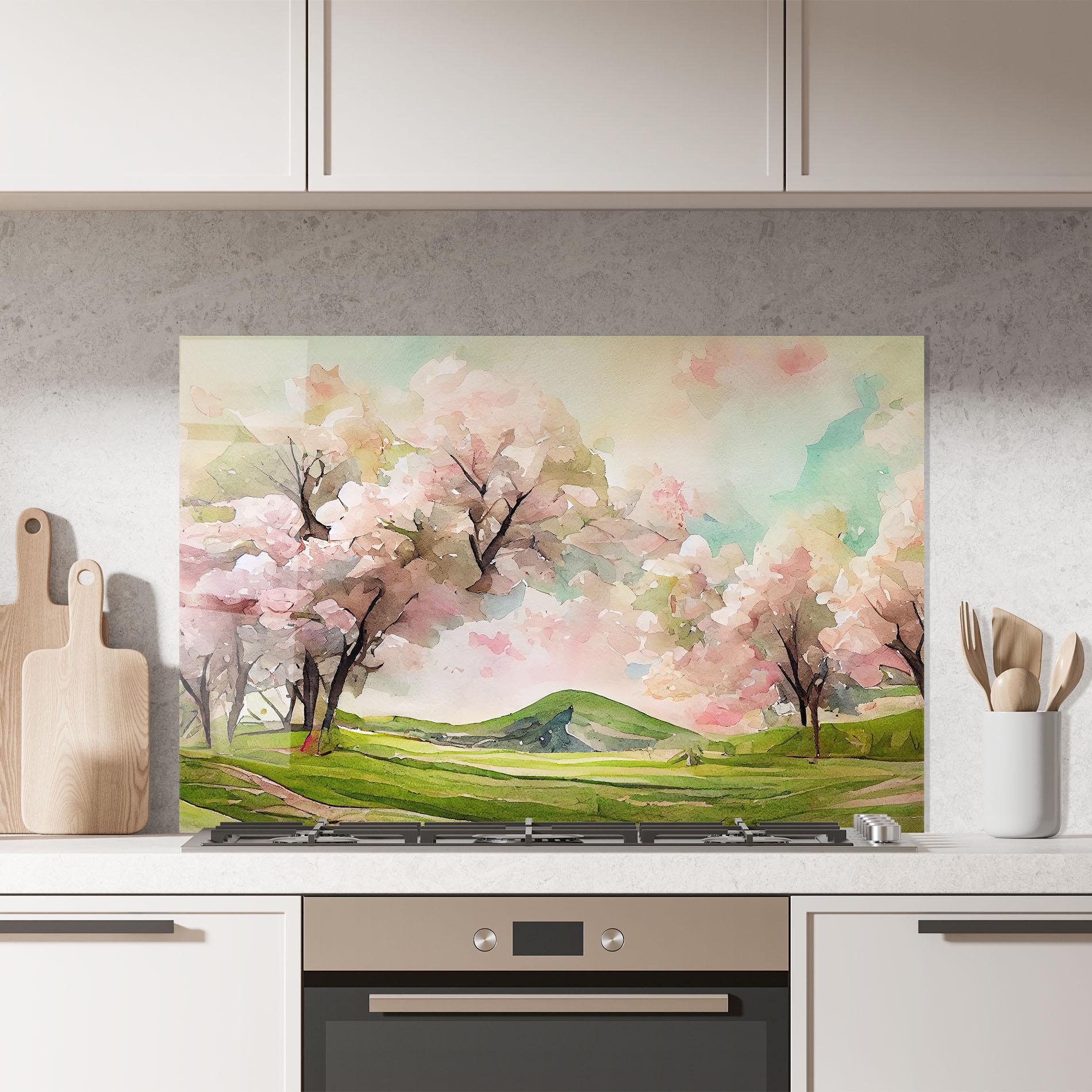 Konyhai üveg hátfal Spring Pink Trees mockup 7