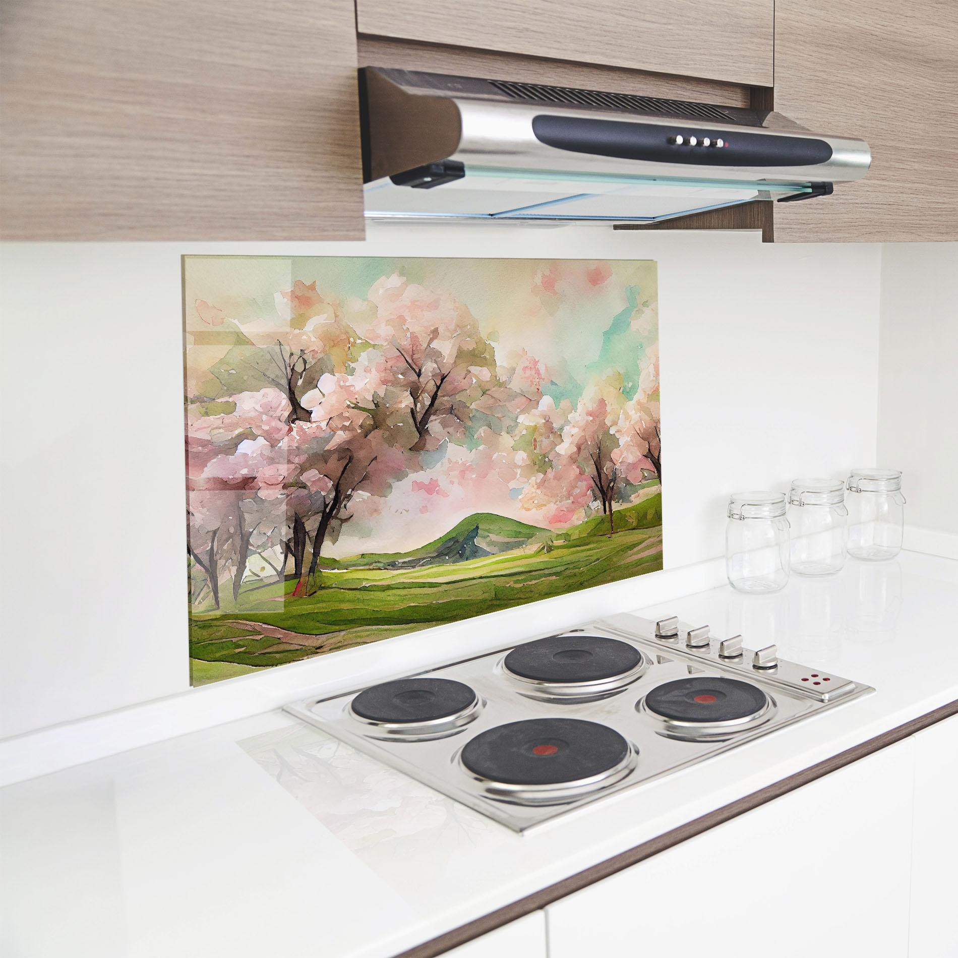 Konyhai üveg hátfal Spring Pink Trees mockup 8