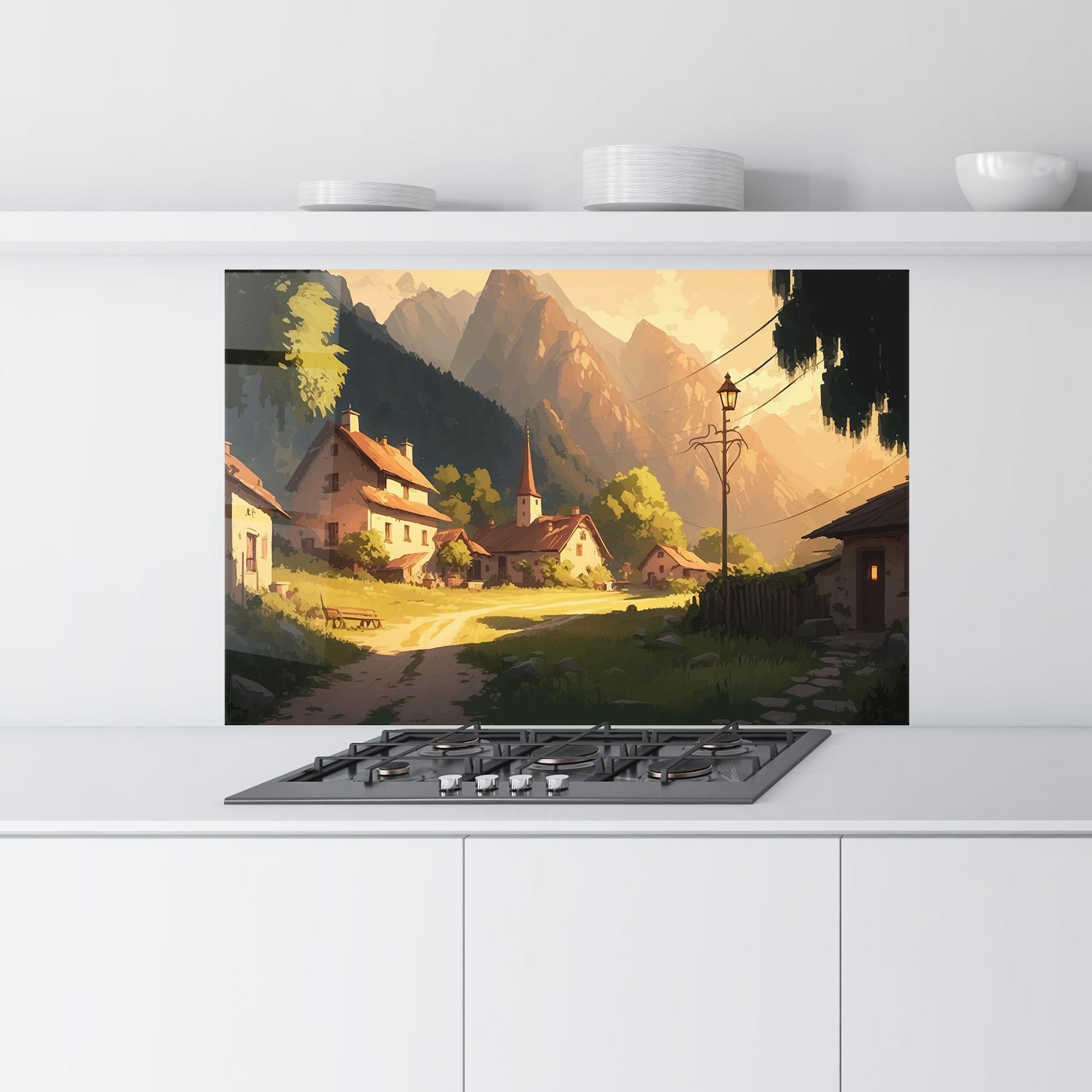 Konyhai üveg hátfal Grassy Village View mockup 9