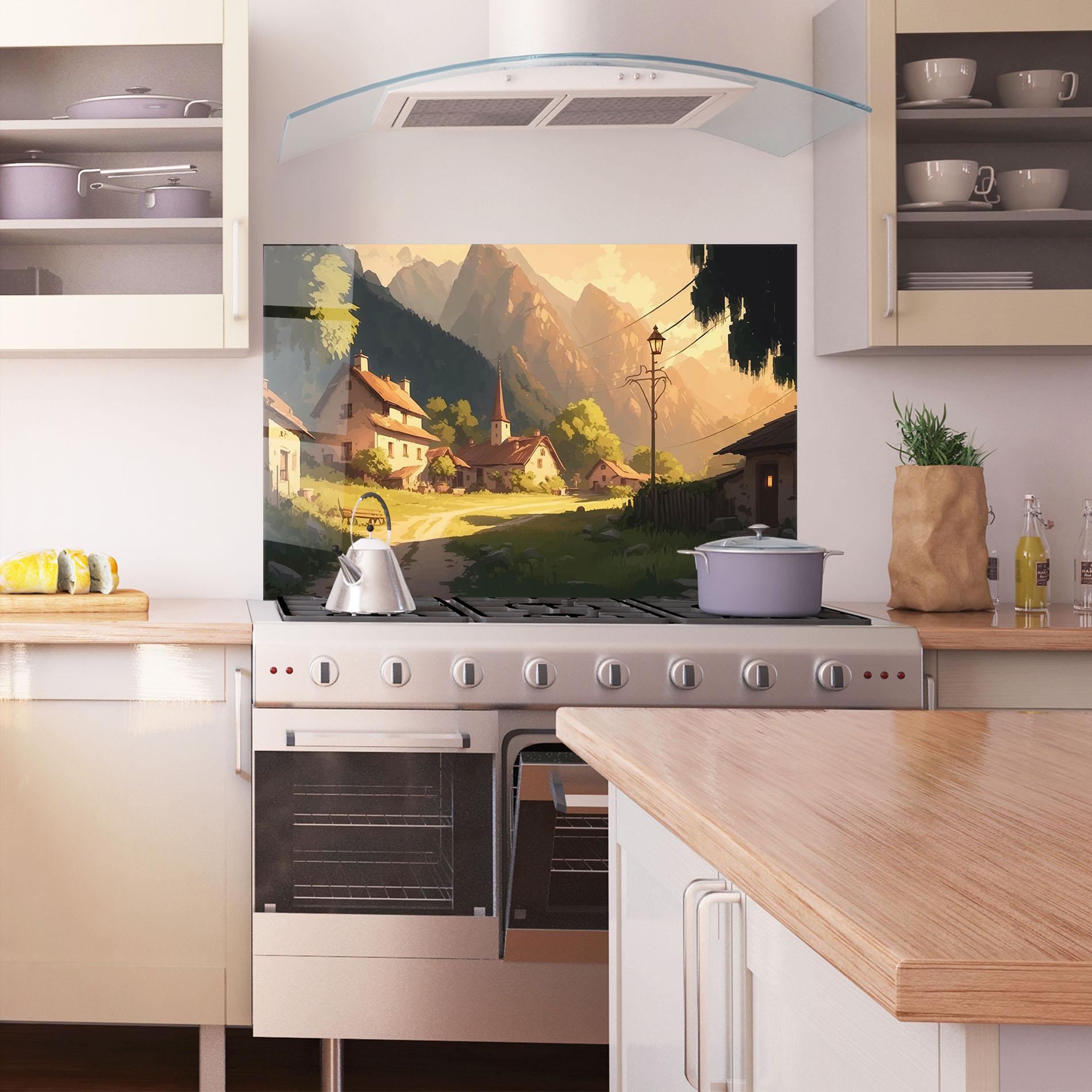 Konyhai üveg hátfal Grassy Village View mockup 1