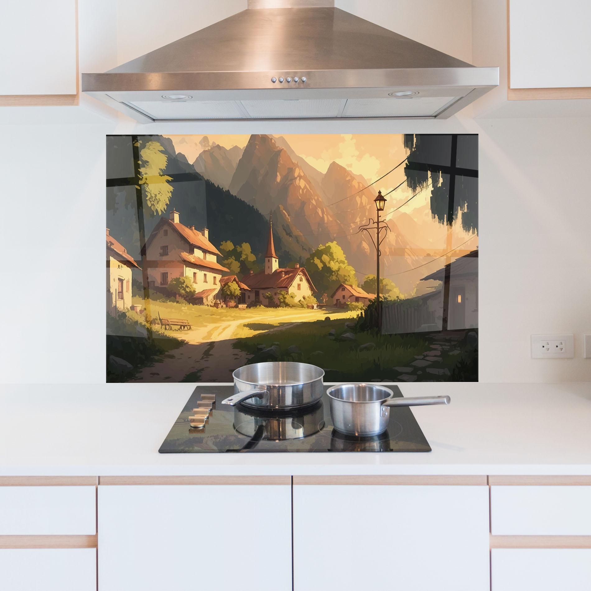 Konyhai üveg hátfal Grassy Village View mockup 5