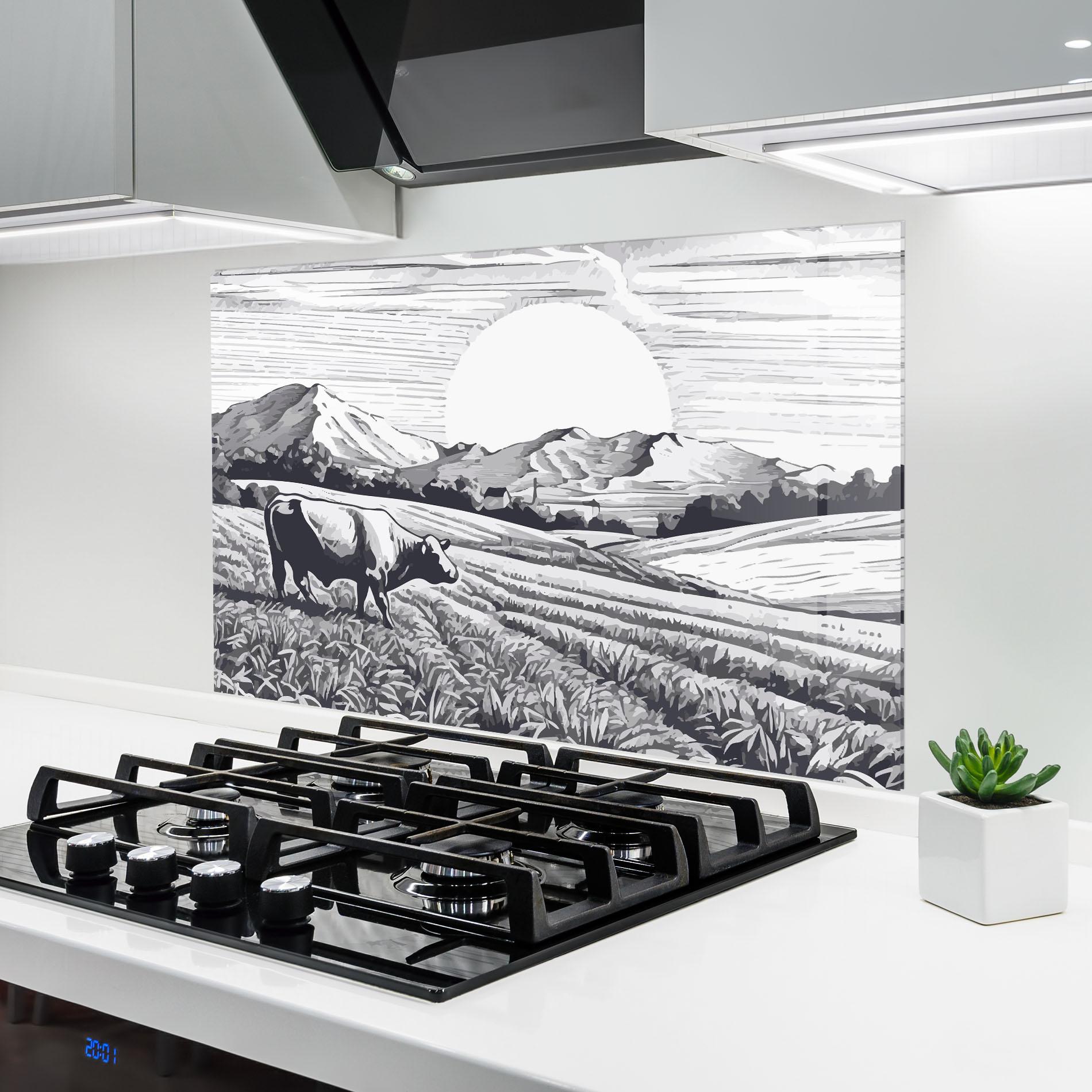 Konyhai üveg hátfal Cow Grey Ink mockup 6