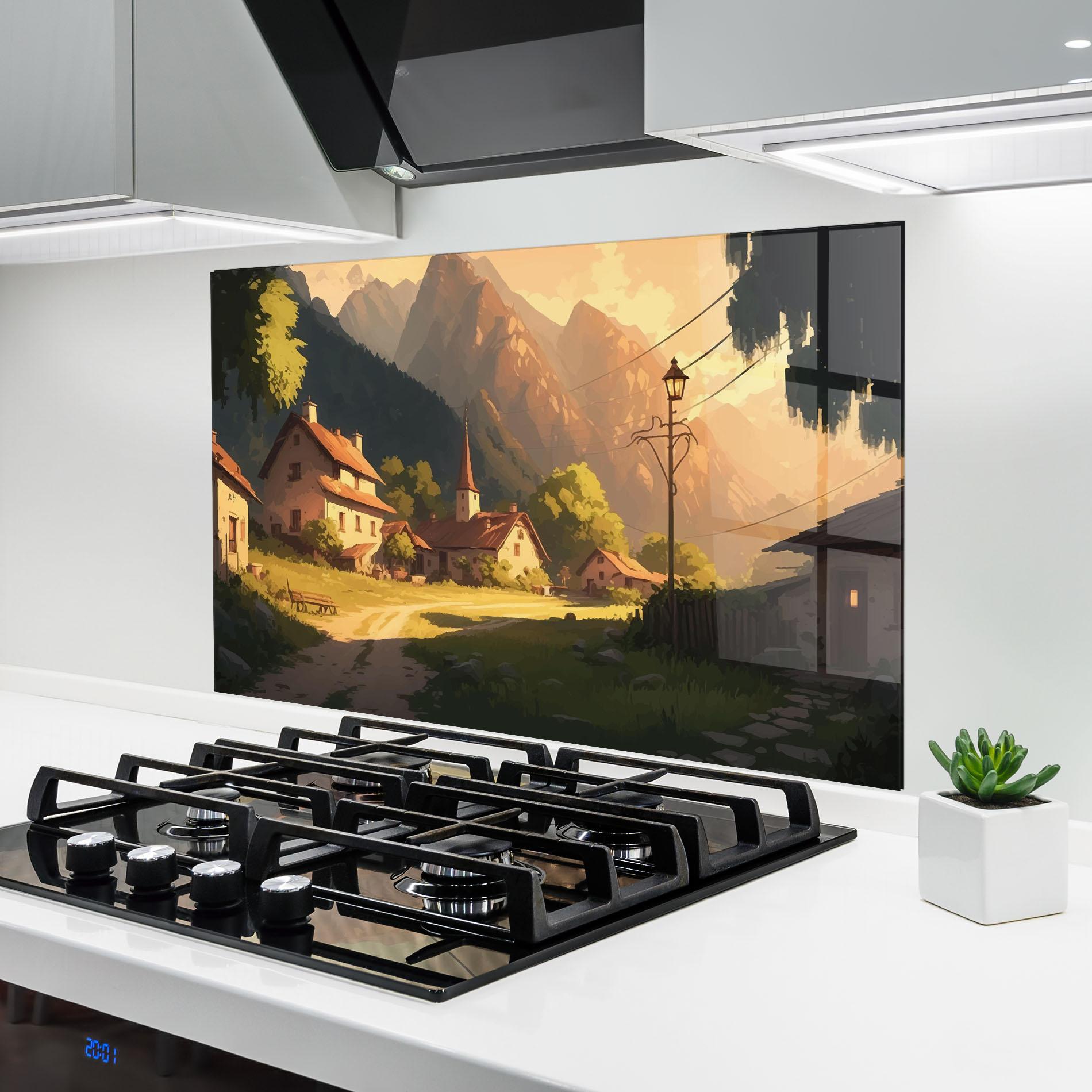 Konyhai üveg hátfal Grassy Village View mockup 6