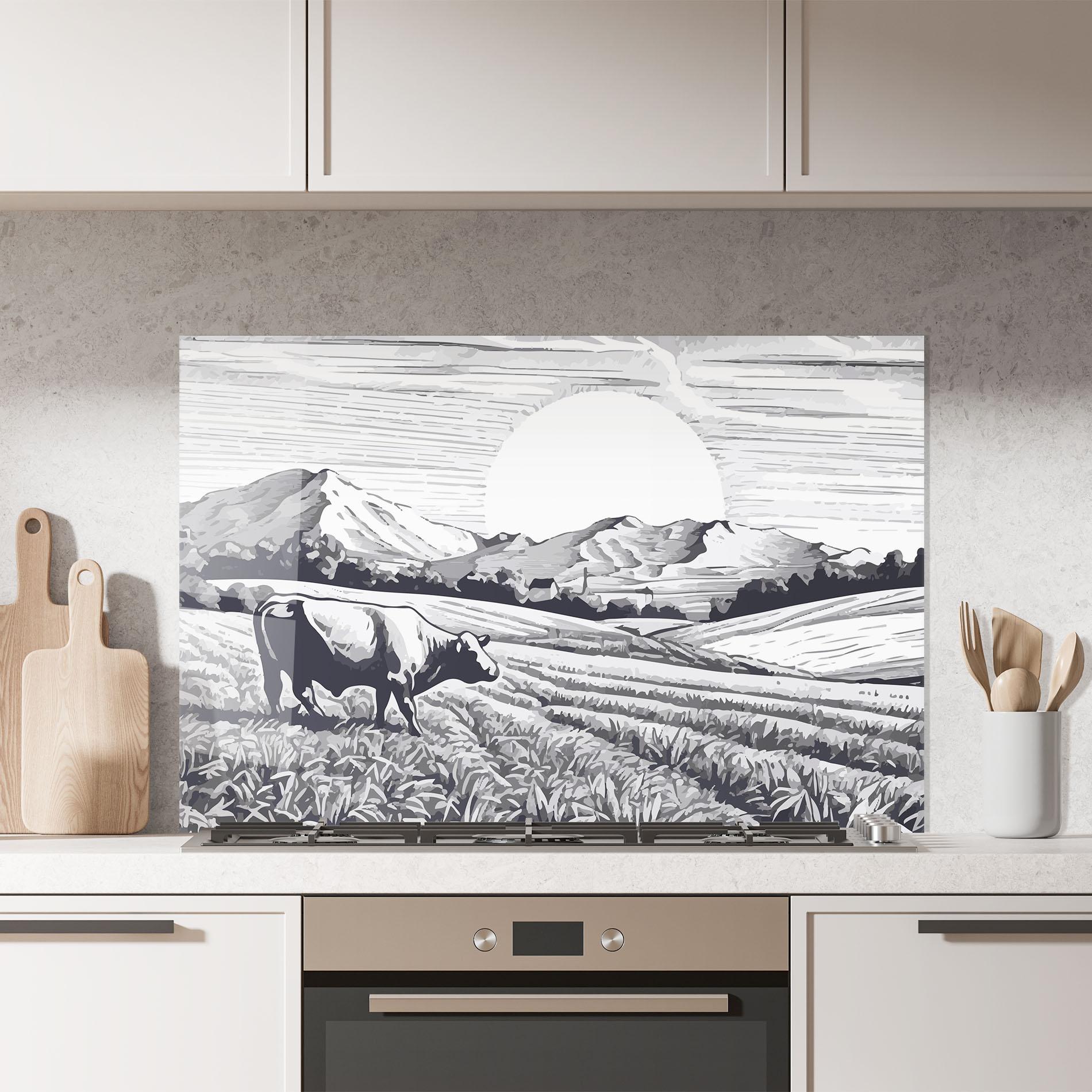 Konyhai üveg hátfal Cow Grey Ink mockup 7