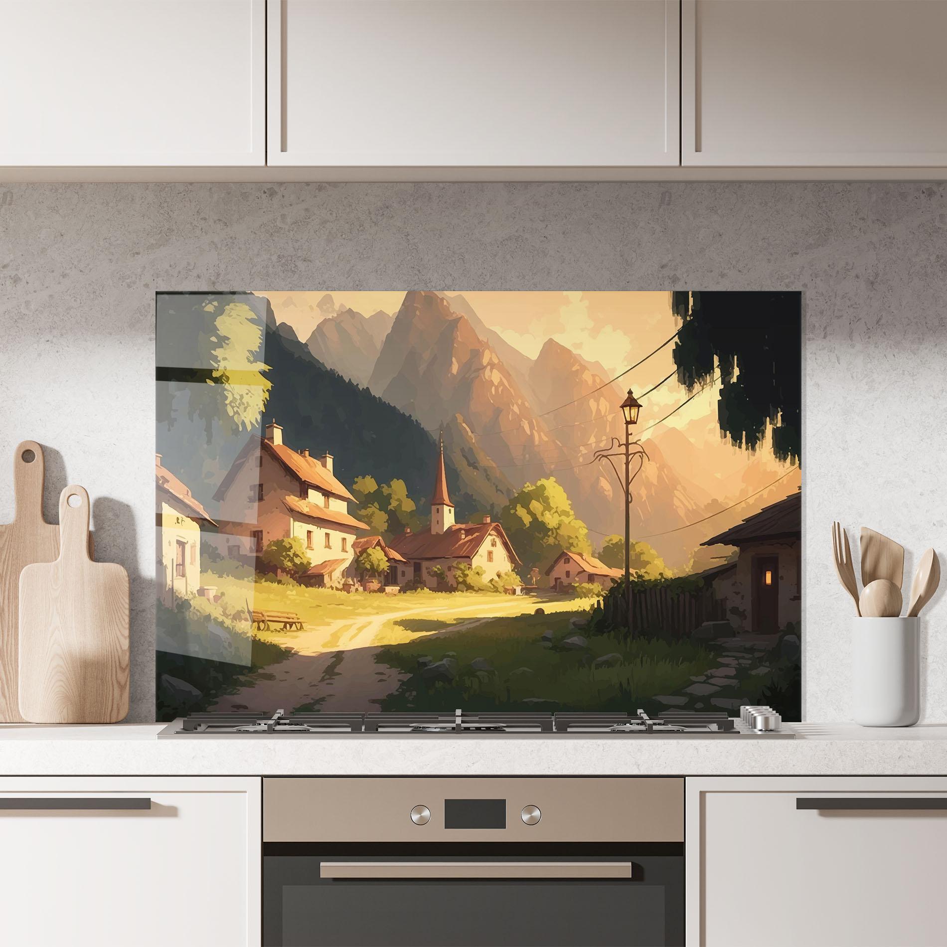Konyhai üveg hátfal Grassy Village View mockup 7