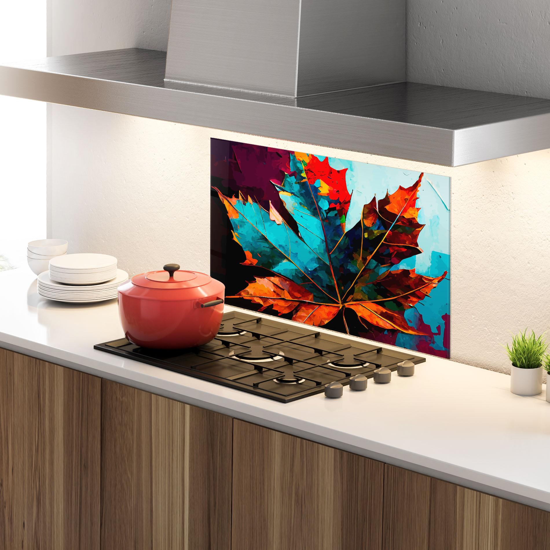Konyhai üveg hátfal Blue Orange Leaf mockup 4