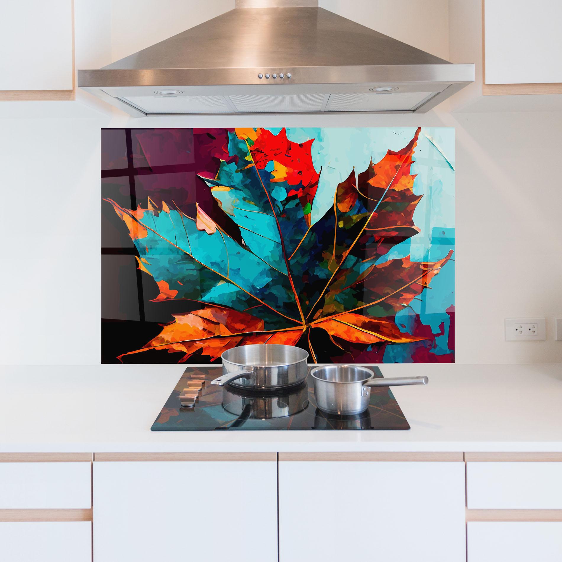 Konyhai üveg hátfal Blue Orange Leaf mockup 5