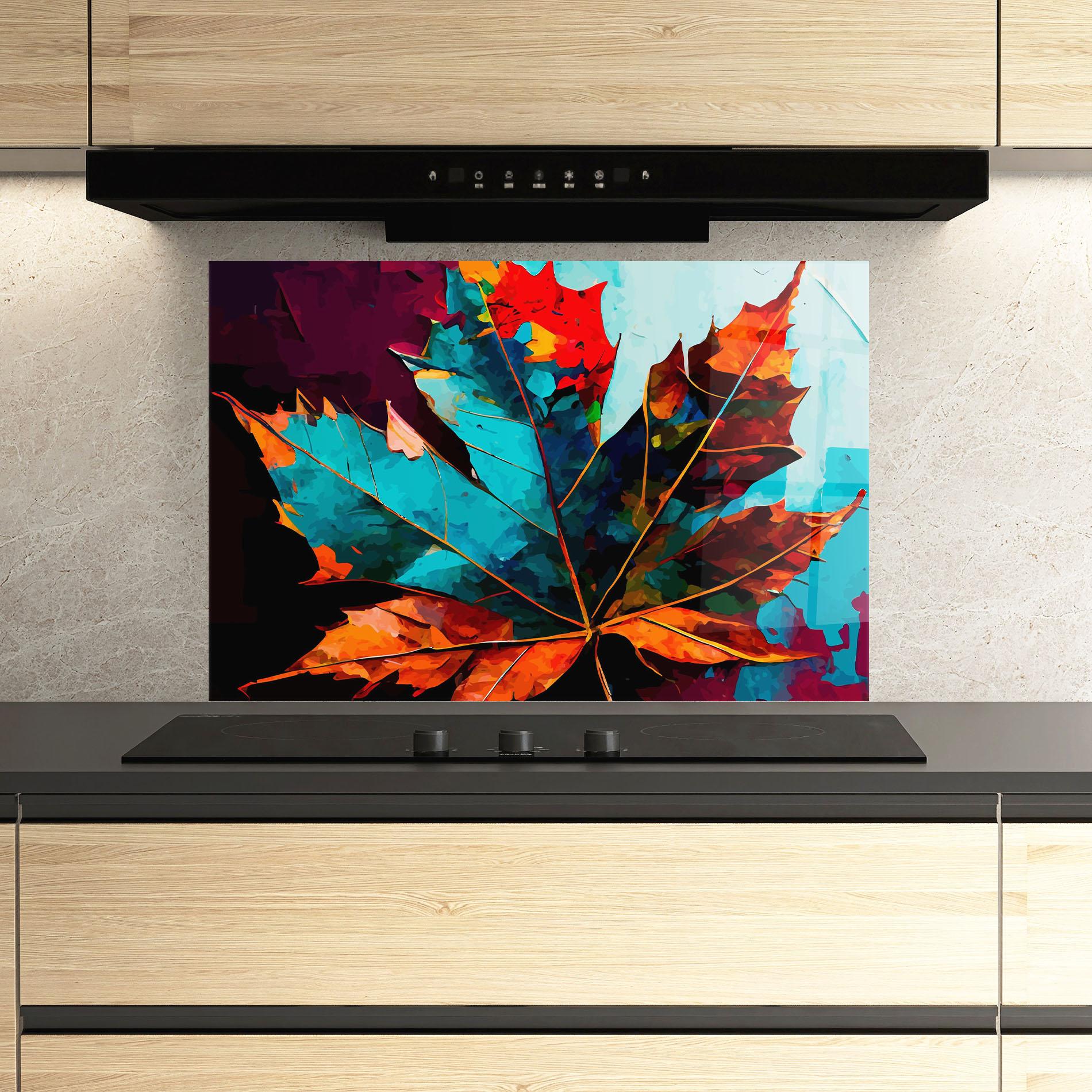 Konyhai üveg hátfal Blue Orange Leaf mockup 3