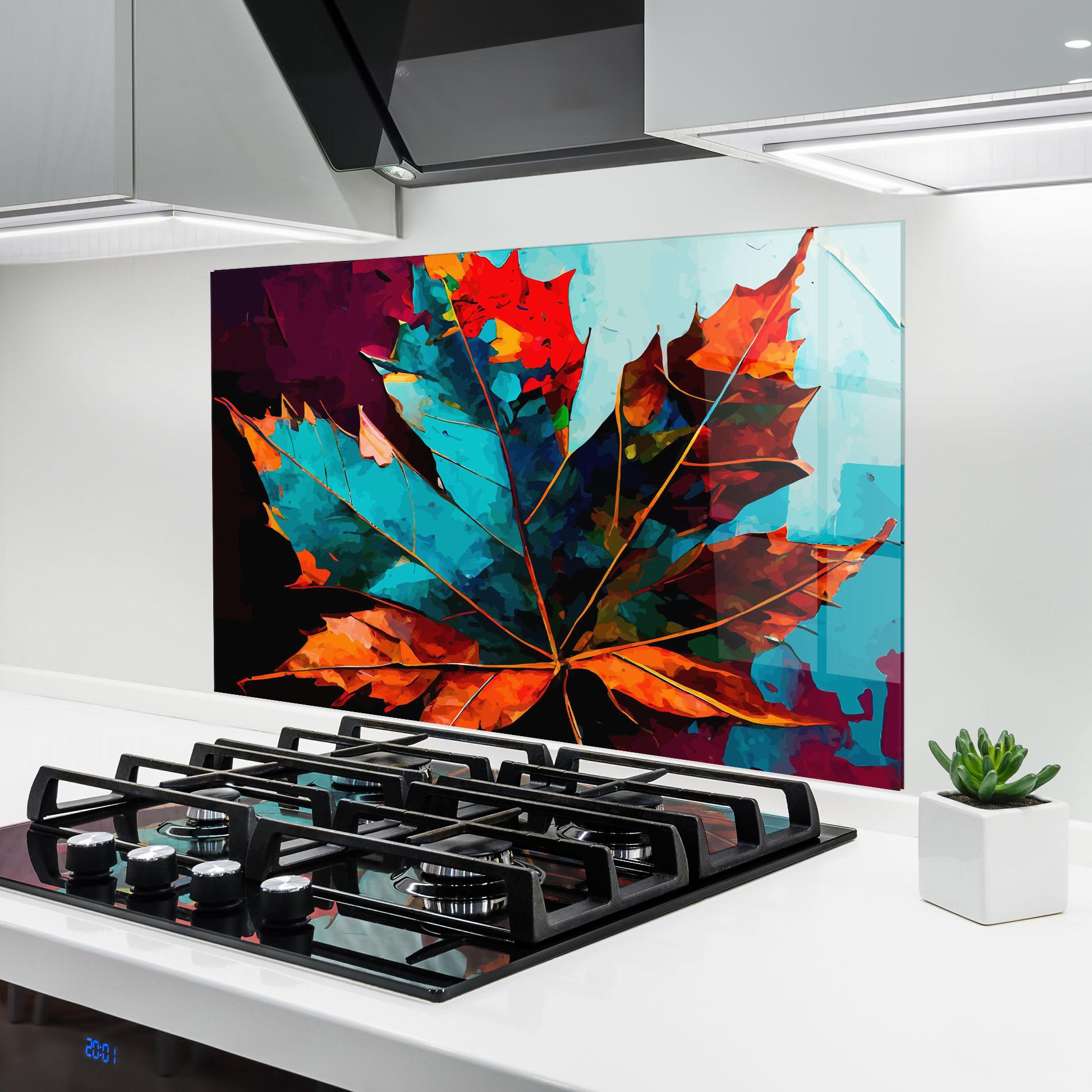 Konyhai üveg hátfal Blue Orange Leaf mockup 6