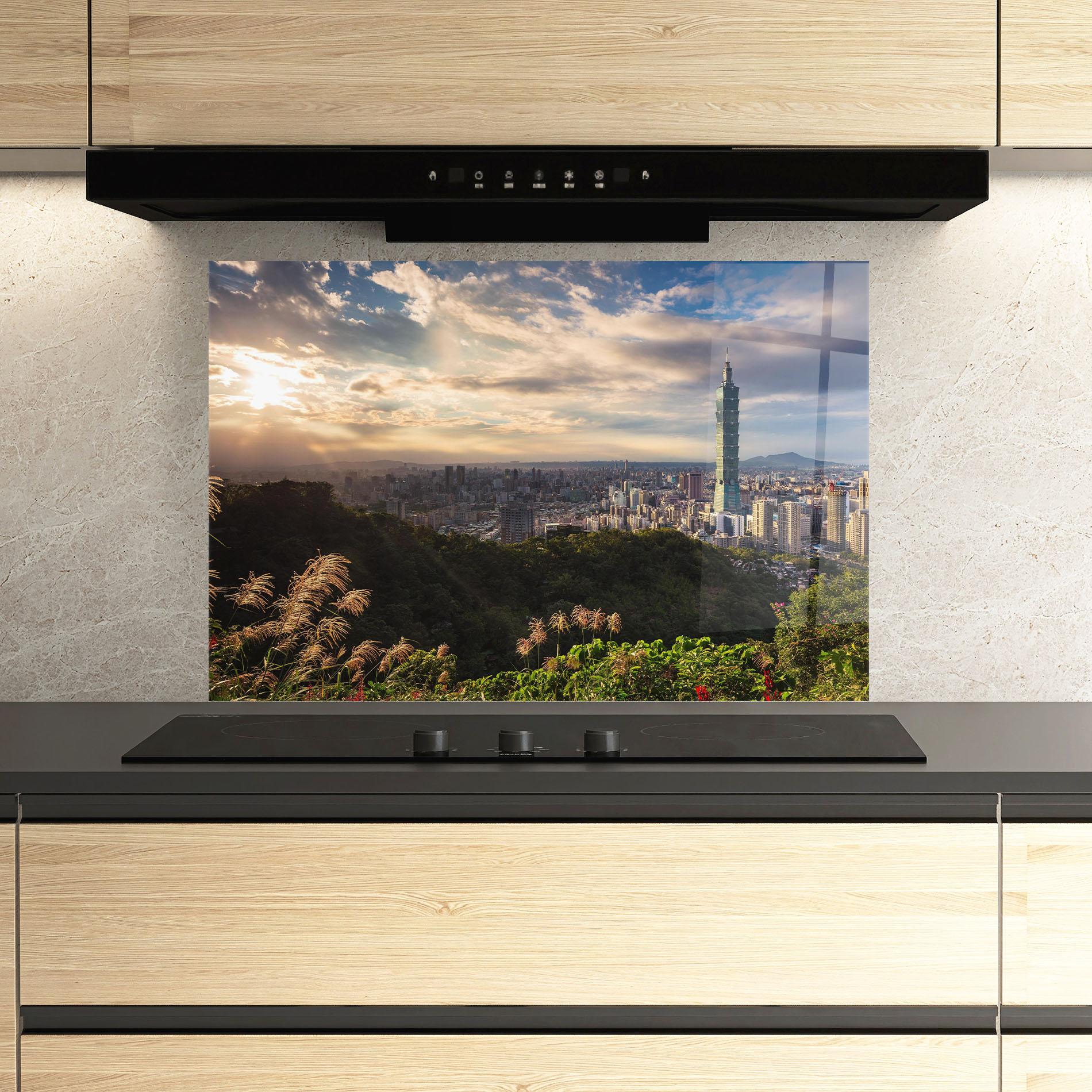 Konyhai üveg hátfal Big Building Daylight mockup 3