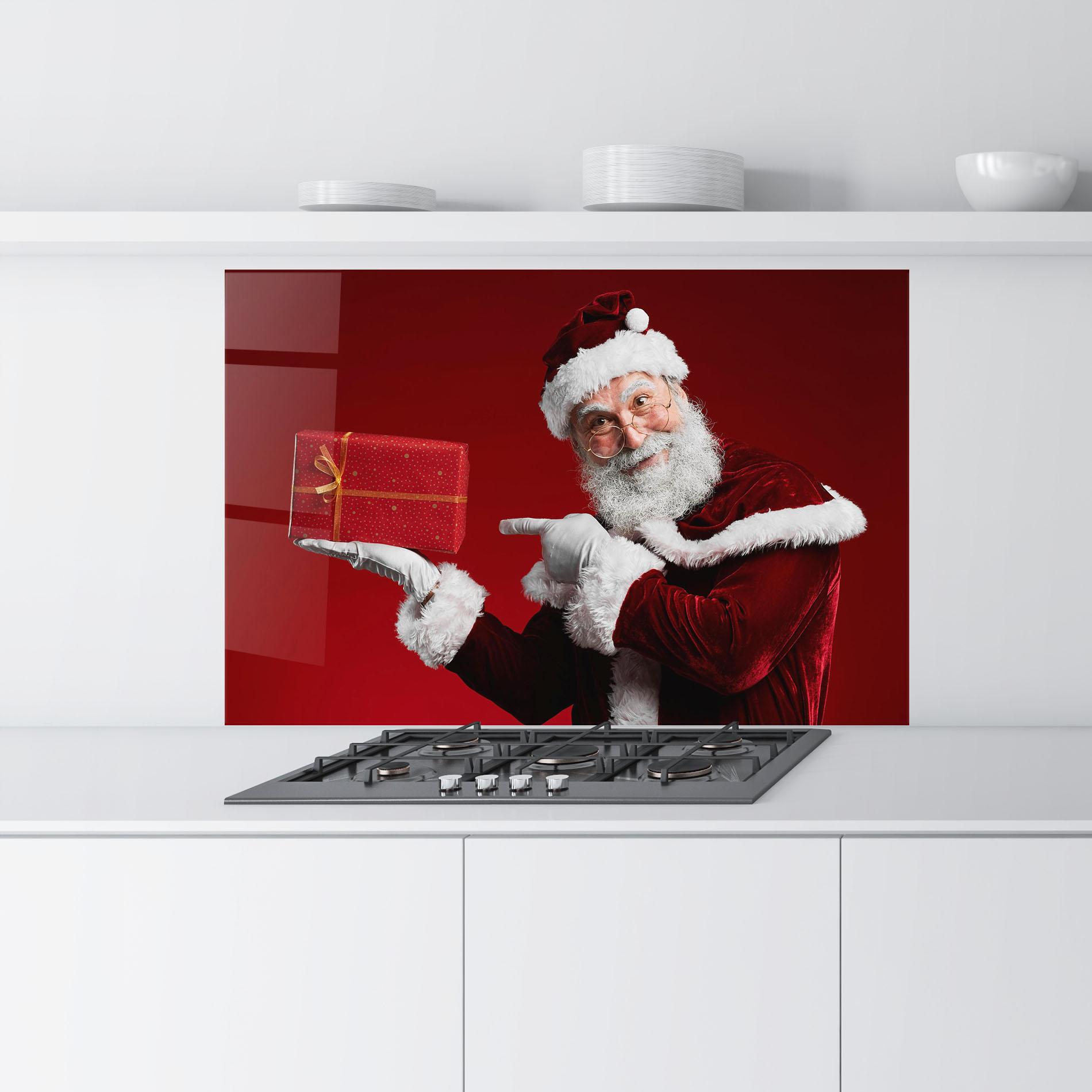 Konyhai üveg hátfal Santa Holding Red Present mockup 9