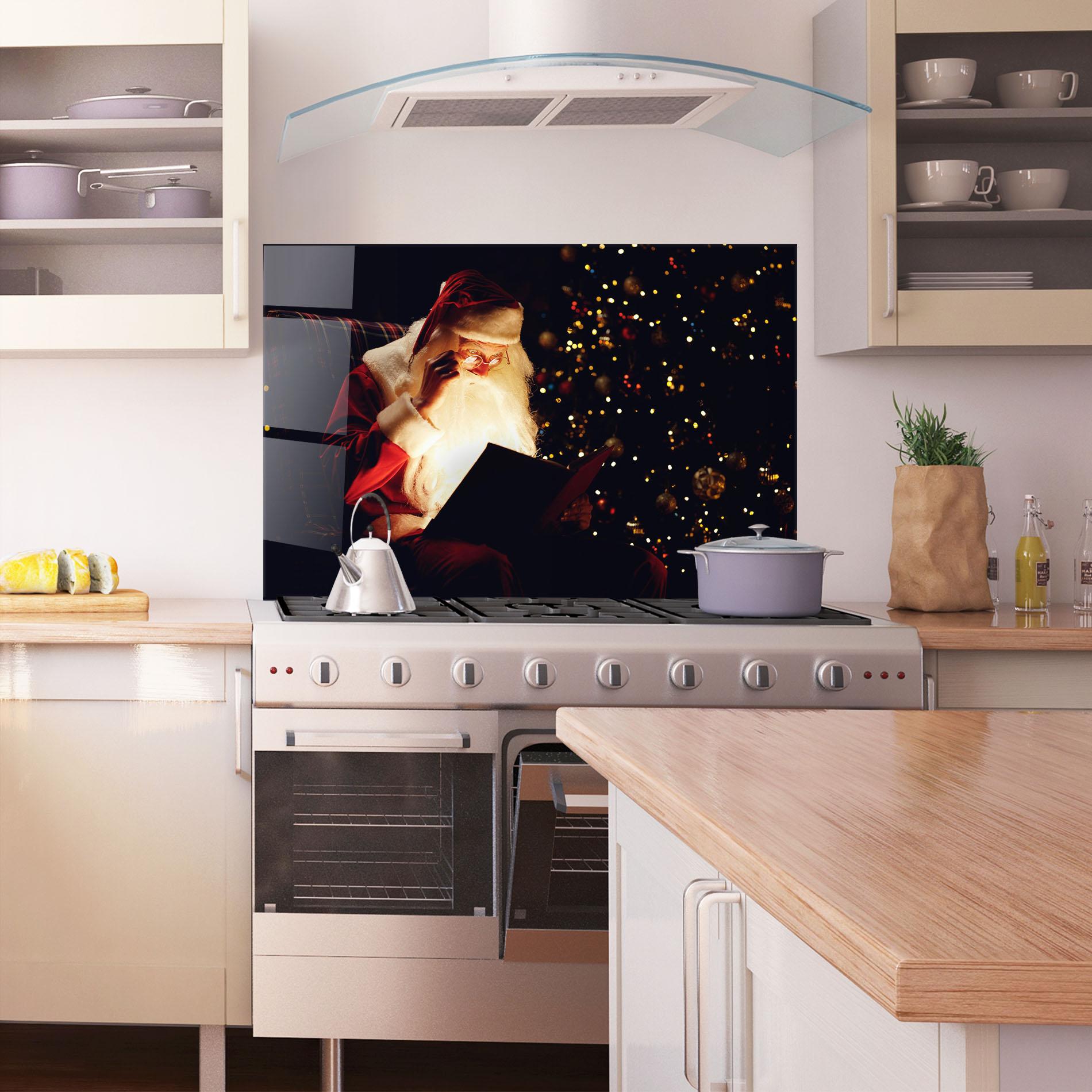 Konyhai üveg hátfal Santa Reading Magic Book mockup 1