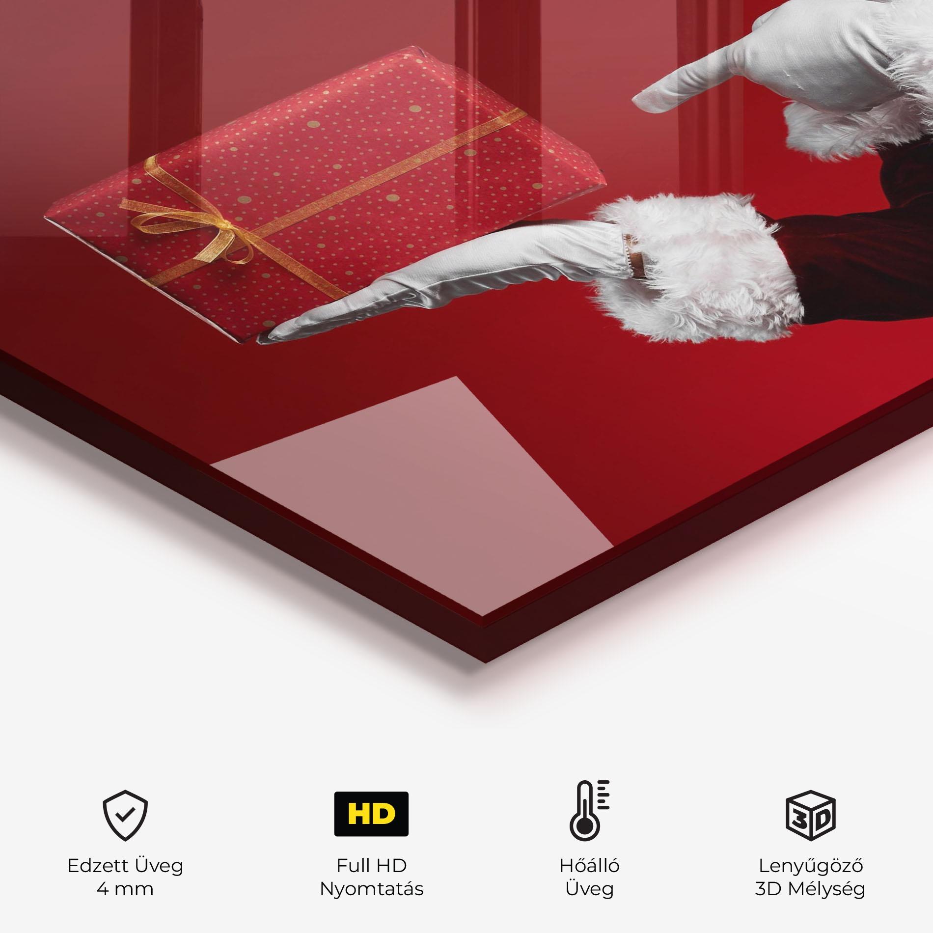 Konyhai üveg hátfal Santa Holding Red Present mockup 2