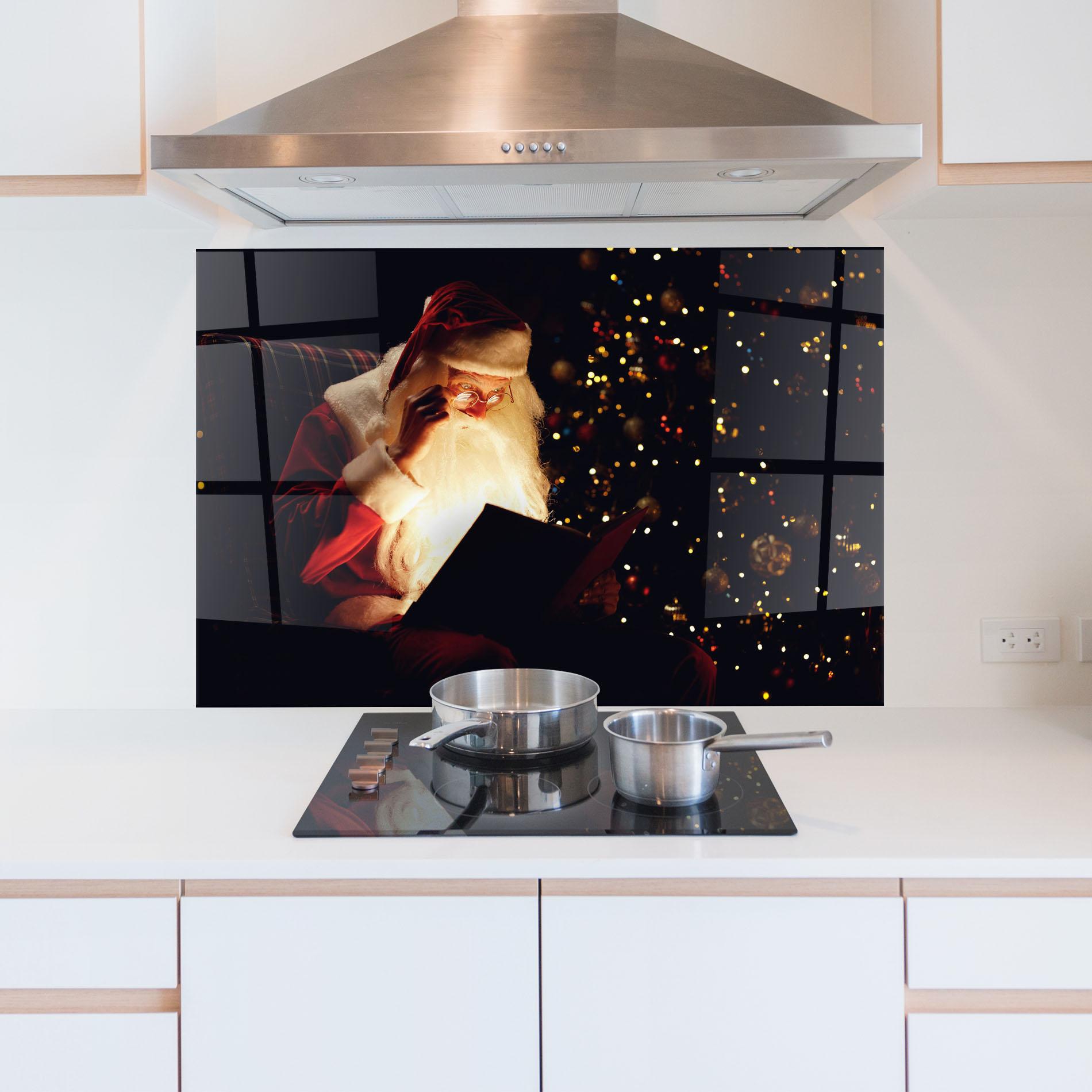 Konyhai üveg hátfal Santa Reading Magic Book mockup 5