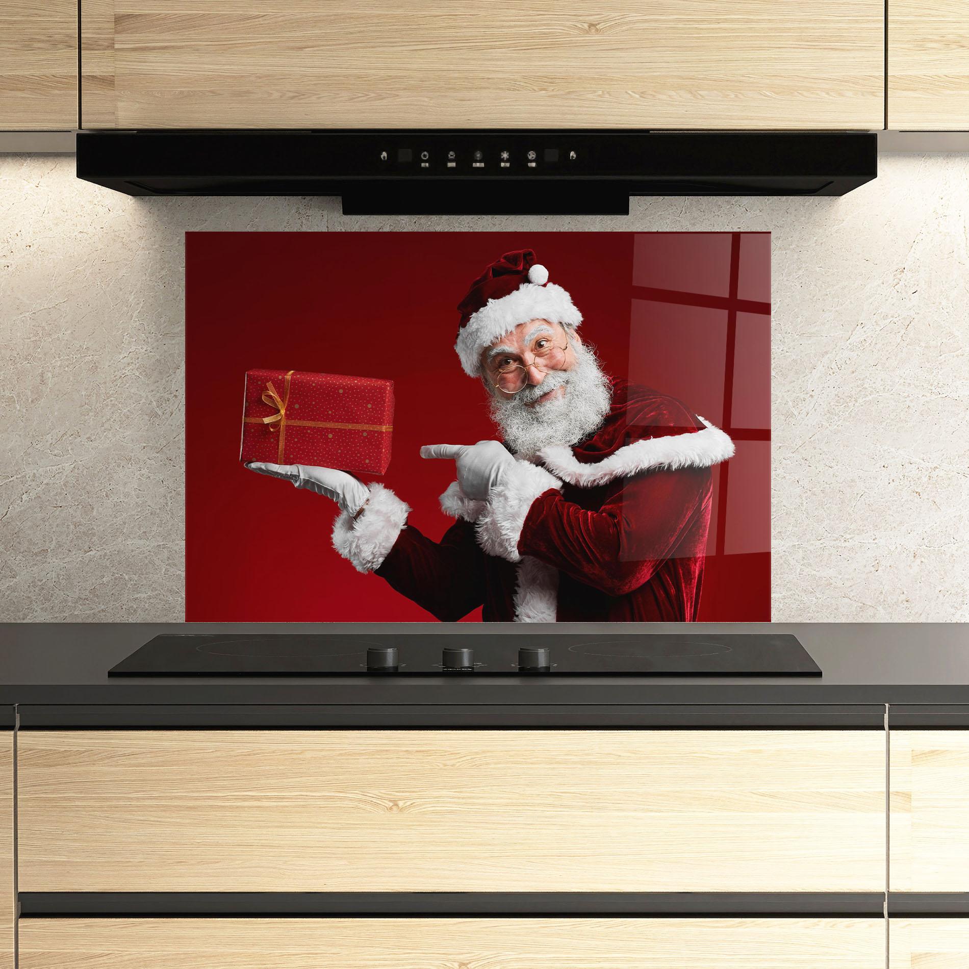 Konyhai üveg hátfal Santa Holding Red Present mockup 3