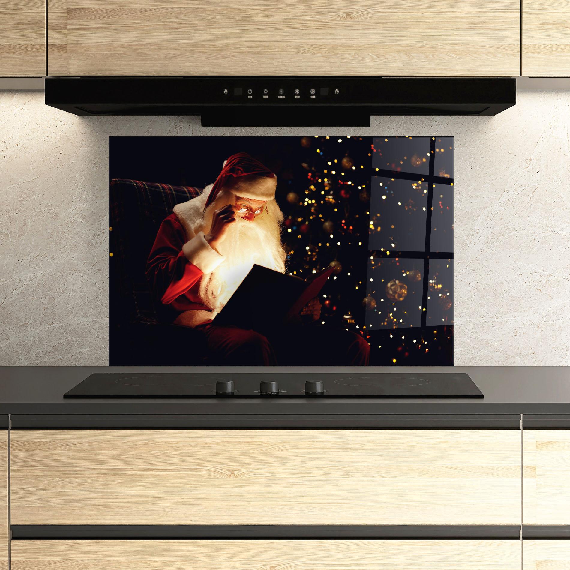 Konyhai üveg hátfal Santa Reading Magic Book mockup 3