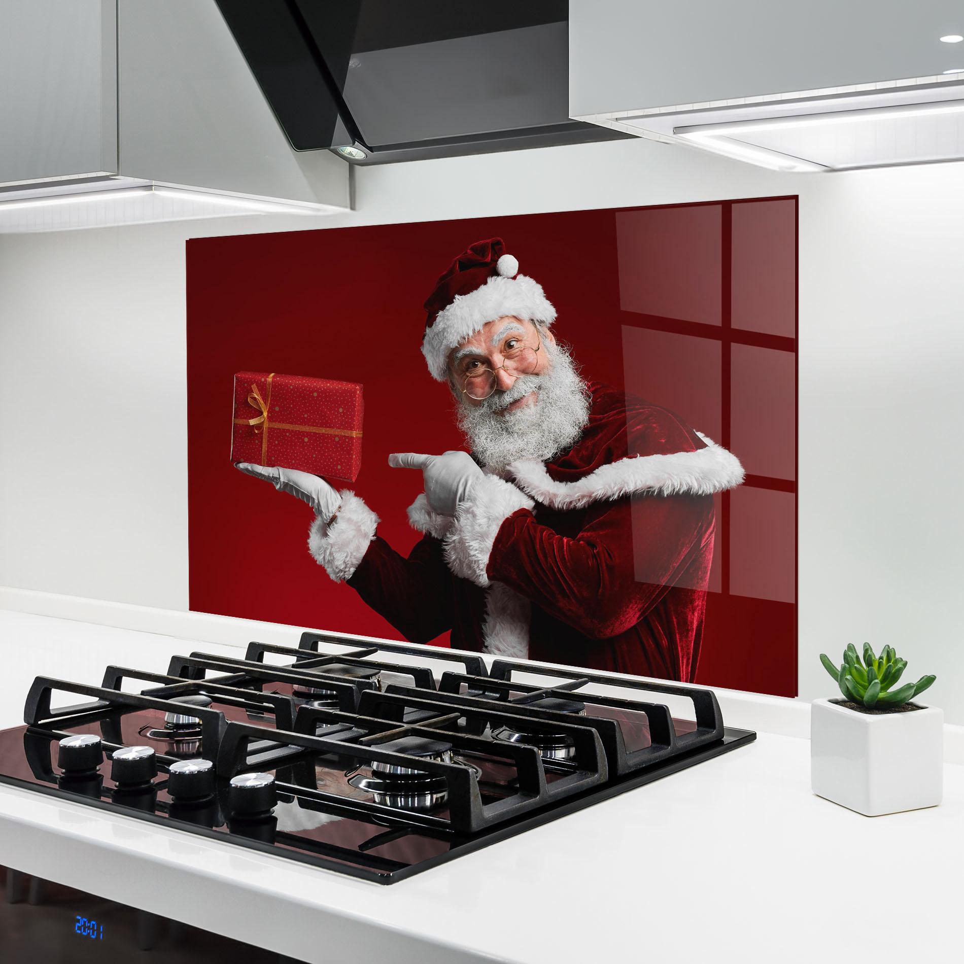 Konyhai üveg hátfal Santa Holding Red Present mockup 6