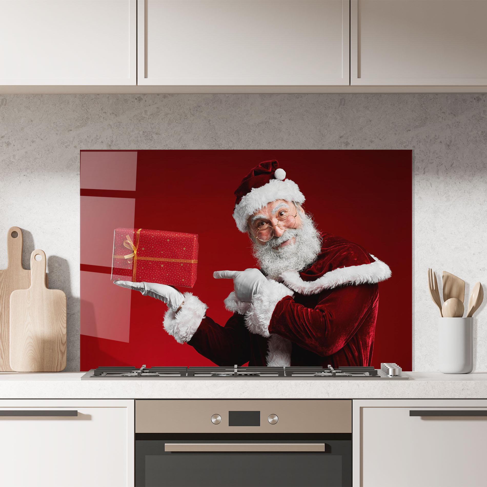 Konyhai üveg hátfal Santa Holding Red Present mockup 7