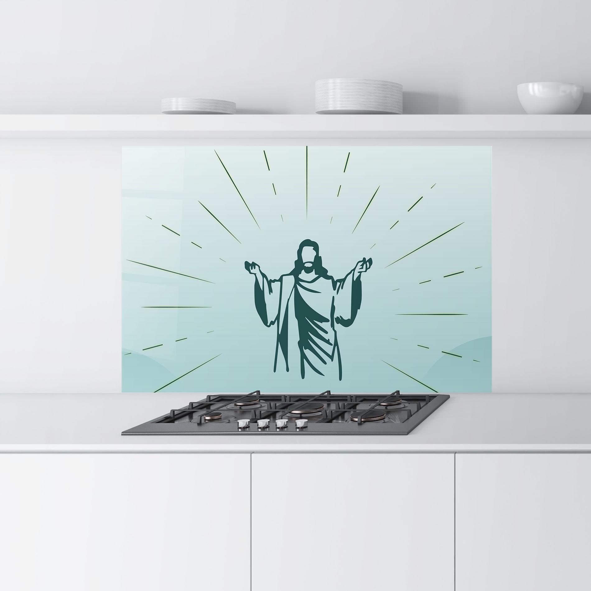 Konyhai üveg hátfal Blue Art Jesus mockup 9
