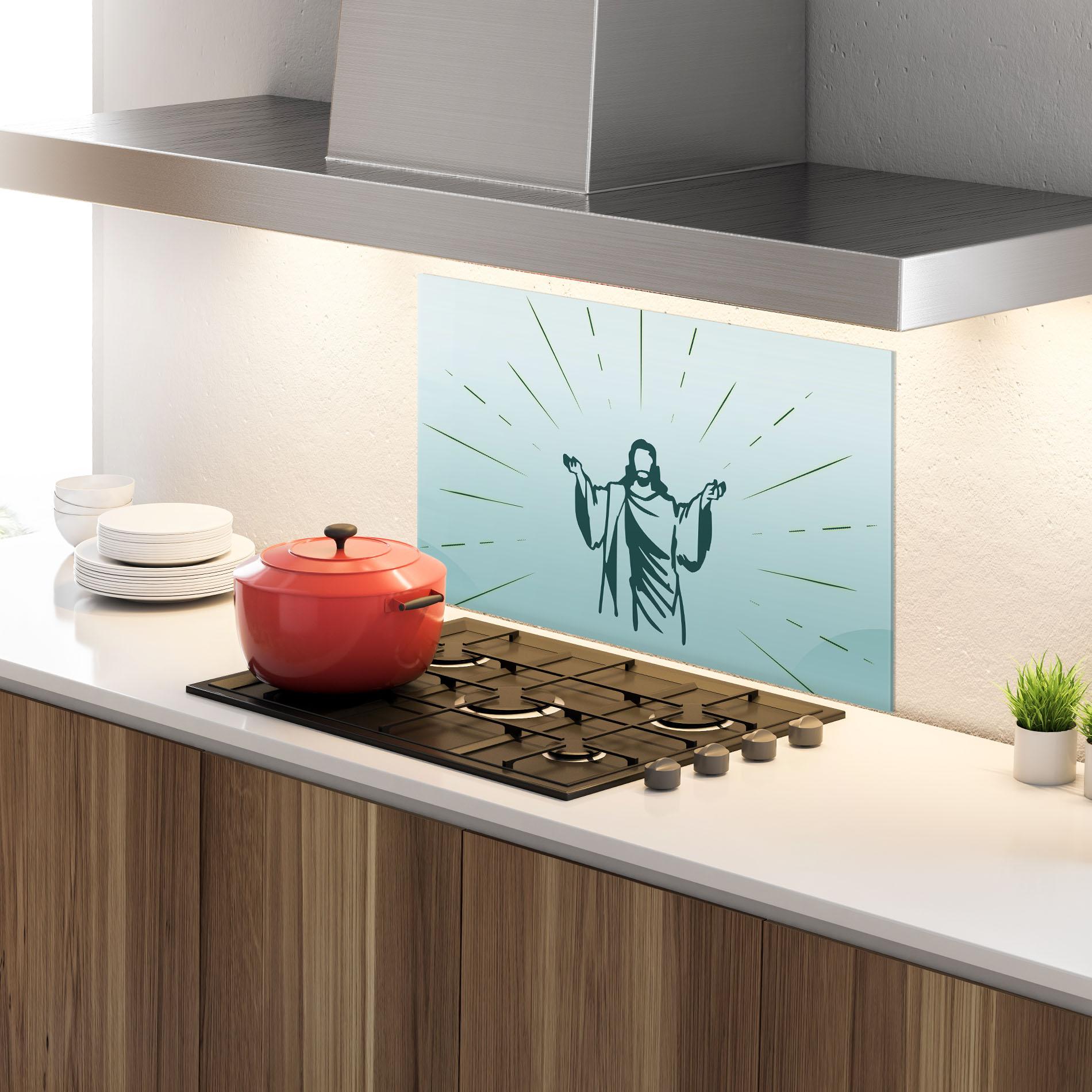 Konyhai üveg hátfal Blue Art Jesus mockup 4