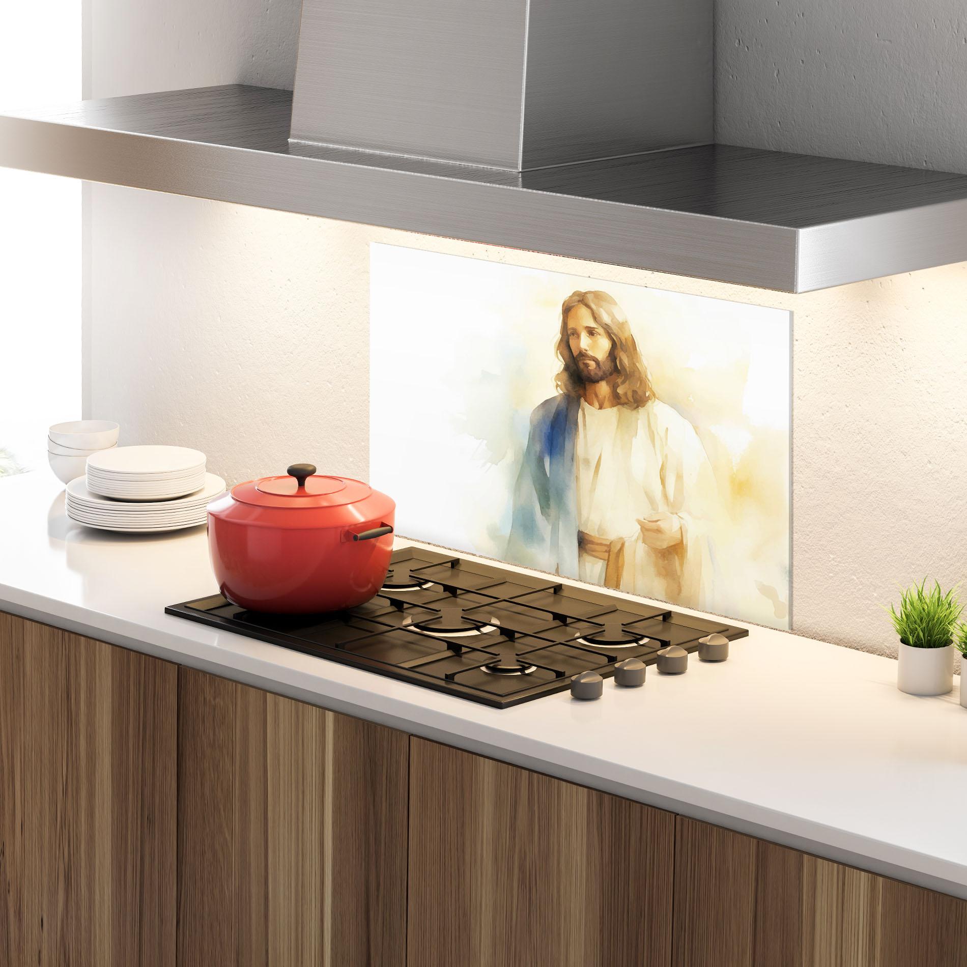 Konyhai üveg hátfal Jesus Light Art mockup 4