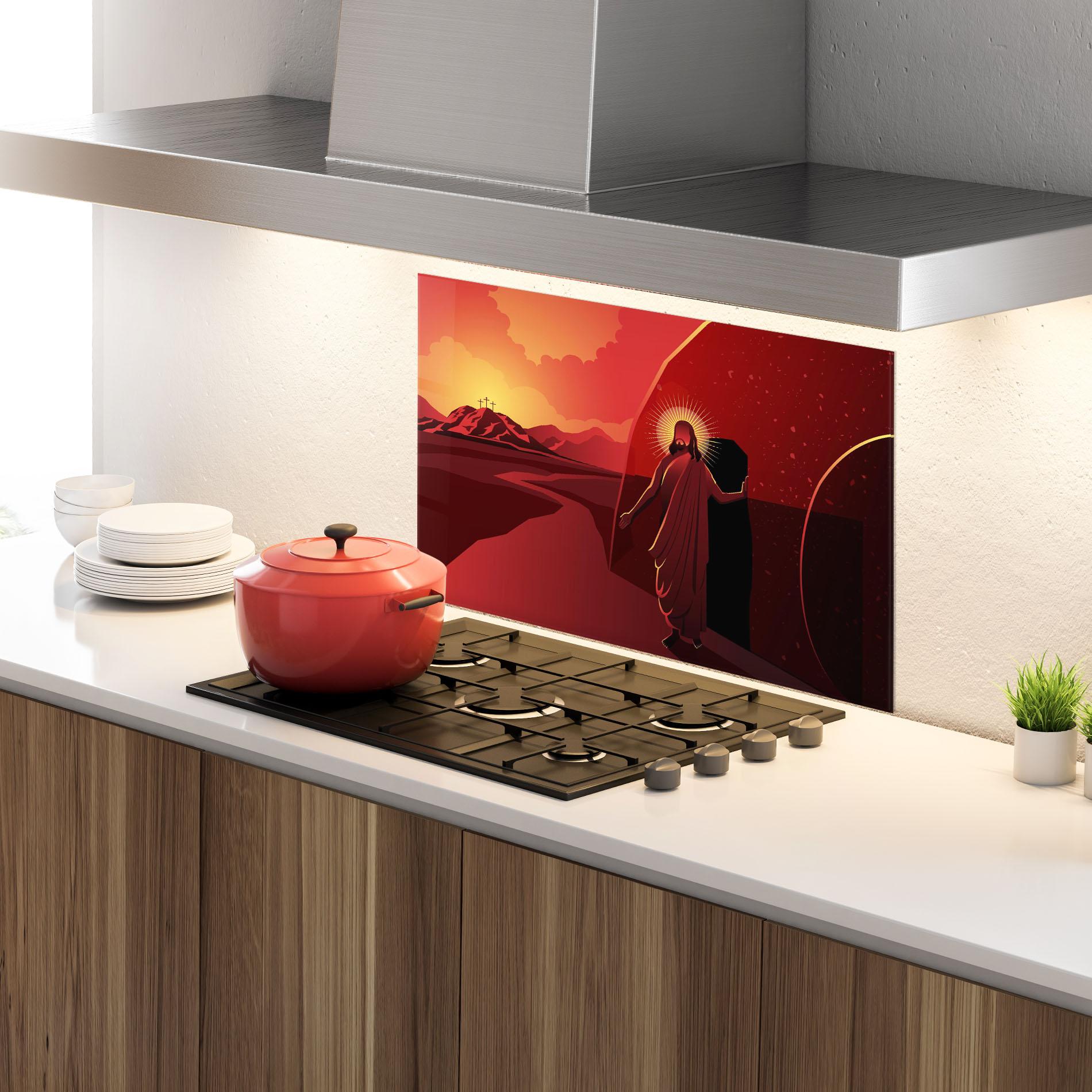 Konyhai üveg hátfal Jesus Rises mockup 4