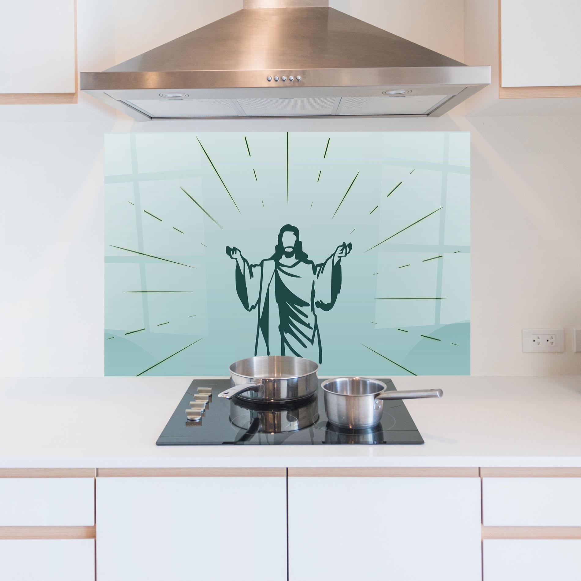 Konyhai üveg hátfal Blue Art Jesus mockup 5