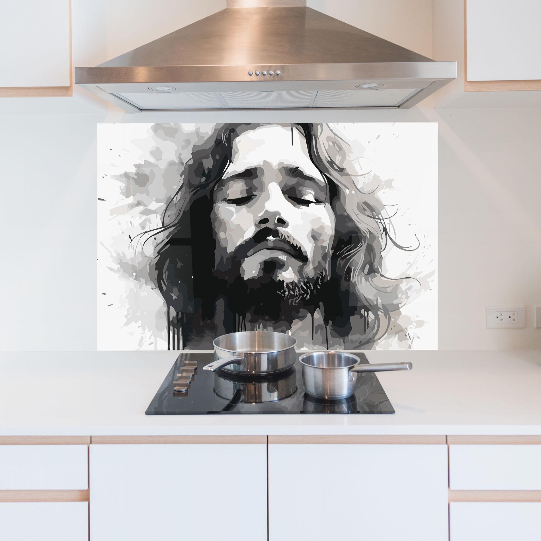 Konyhai üveg hátfal Jesus Ink Art mockup 5