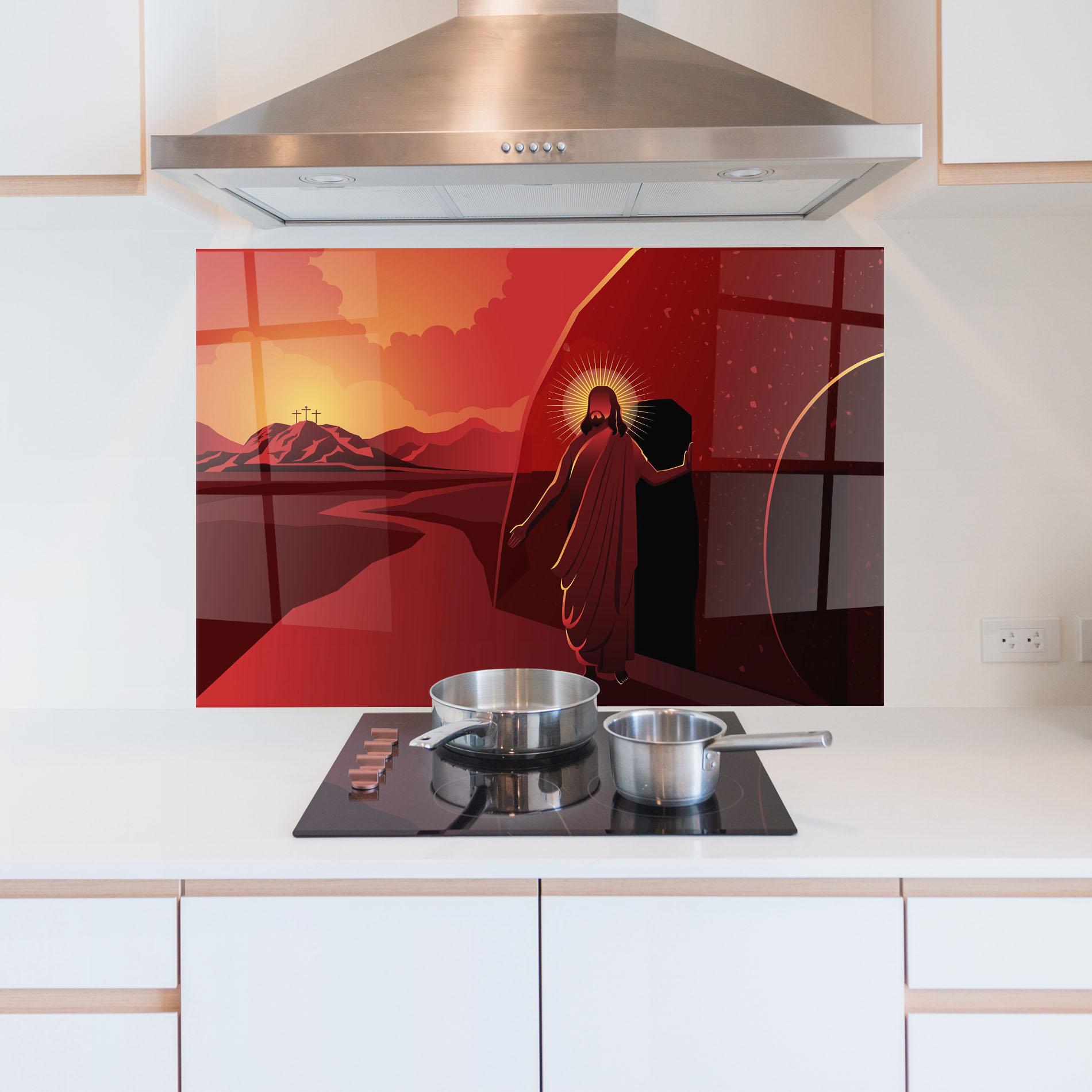 Konyhai üveg hátfal Jesus Rises mockup 5