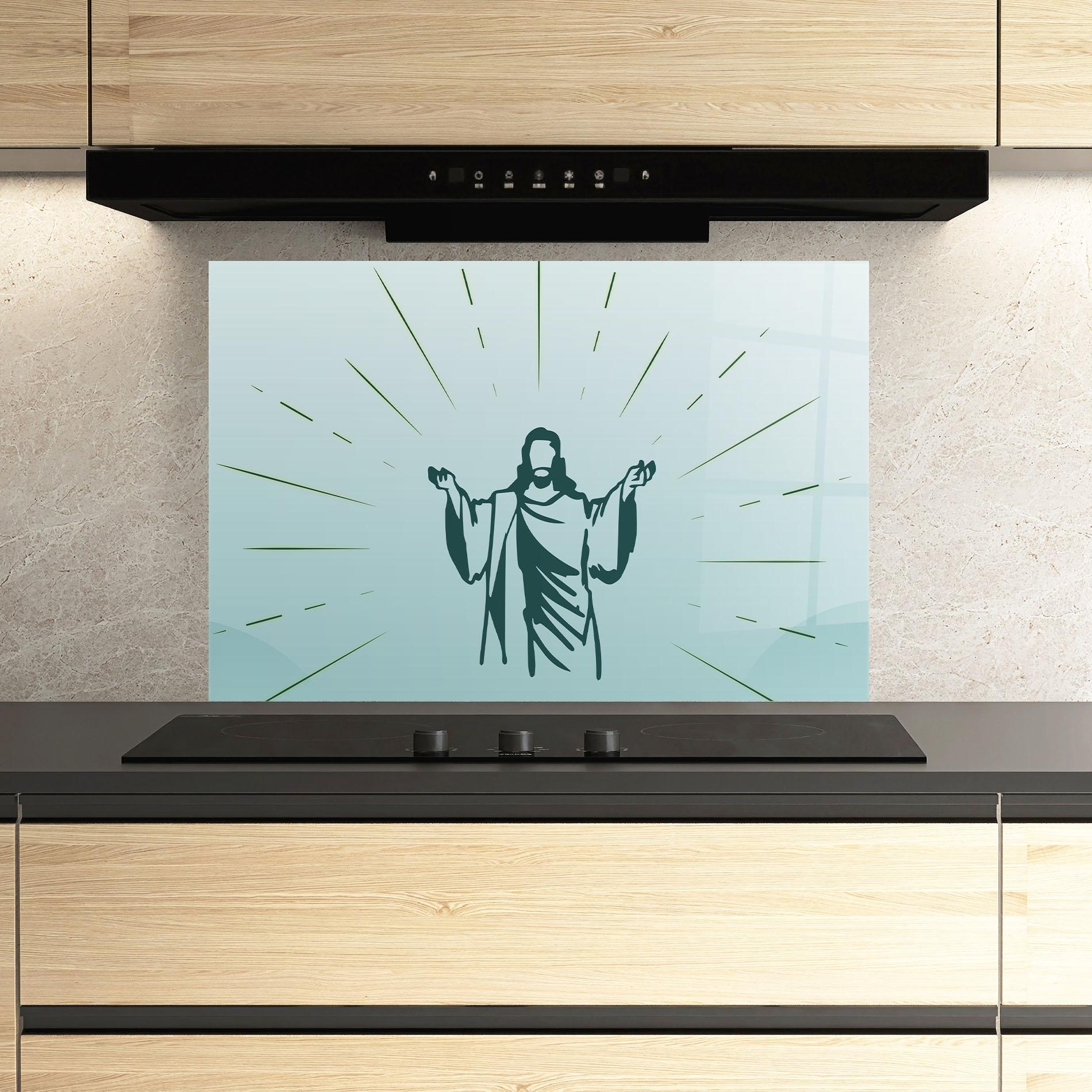 Konyhai üveg hátfal Blue Art Jesus mockup 3